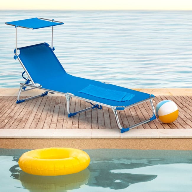 Lettino Da Spiaggia Pieghevole Rimini, 190x61cm, Blu, Tettuccio Regolabile, Struttura Alluminio