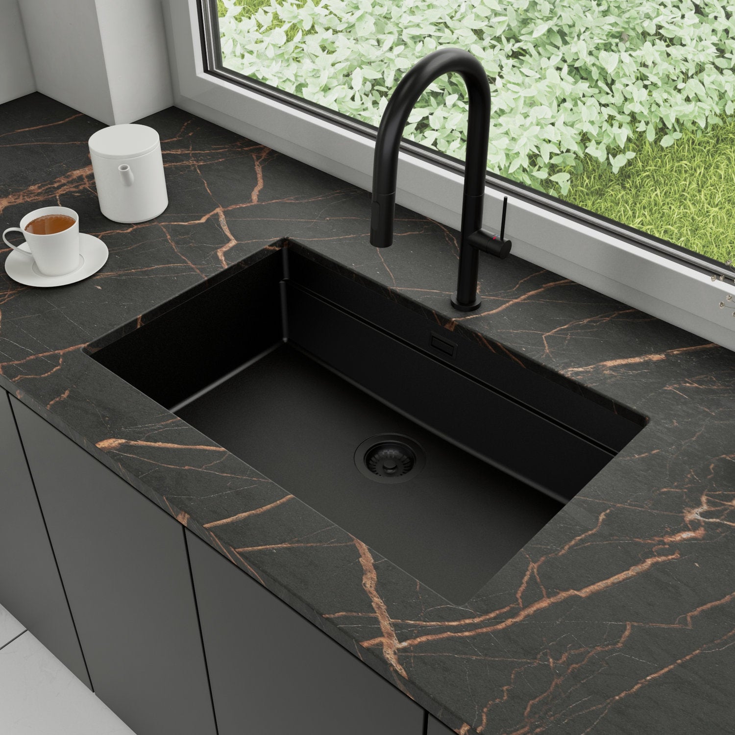 Zlewozmywak podblatowy 76x47cm, do szafki od 80cm + Bateria + Syfon - Coral Cały Czarny STONESTYLE