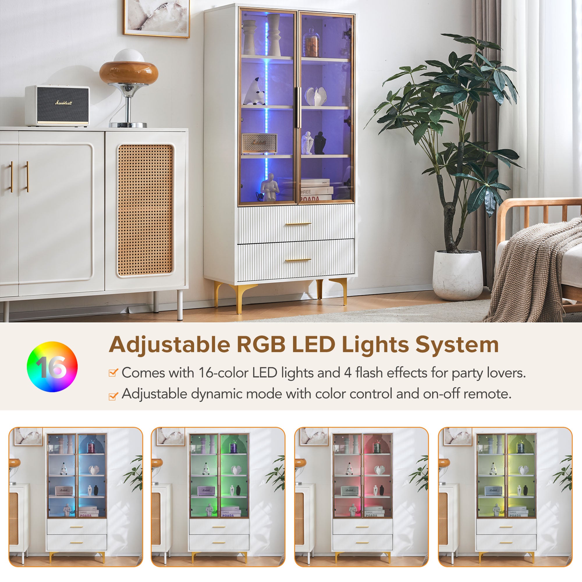 Lot de 2 Vitrine en verre blanc avec éclairage LED et étagères réglables, palette de couleurs platine, blanc - 6
