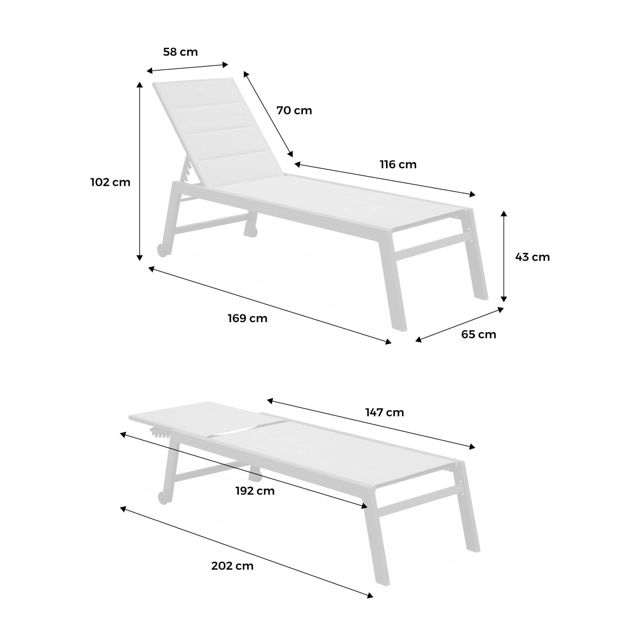 Tumbona multiposición de textileno acolchado y aluminio, set de 2 Blanco - 202x65x43 cm - 4