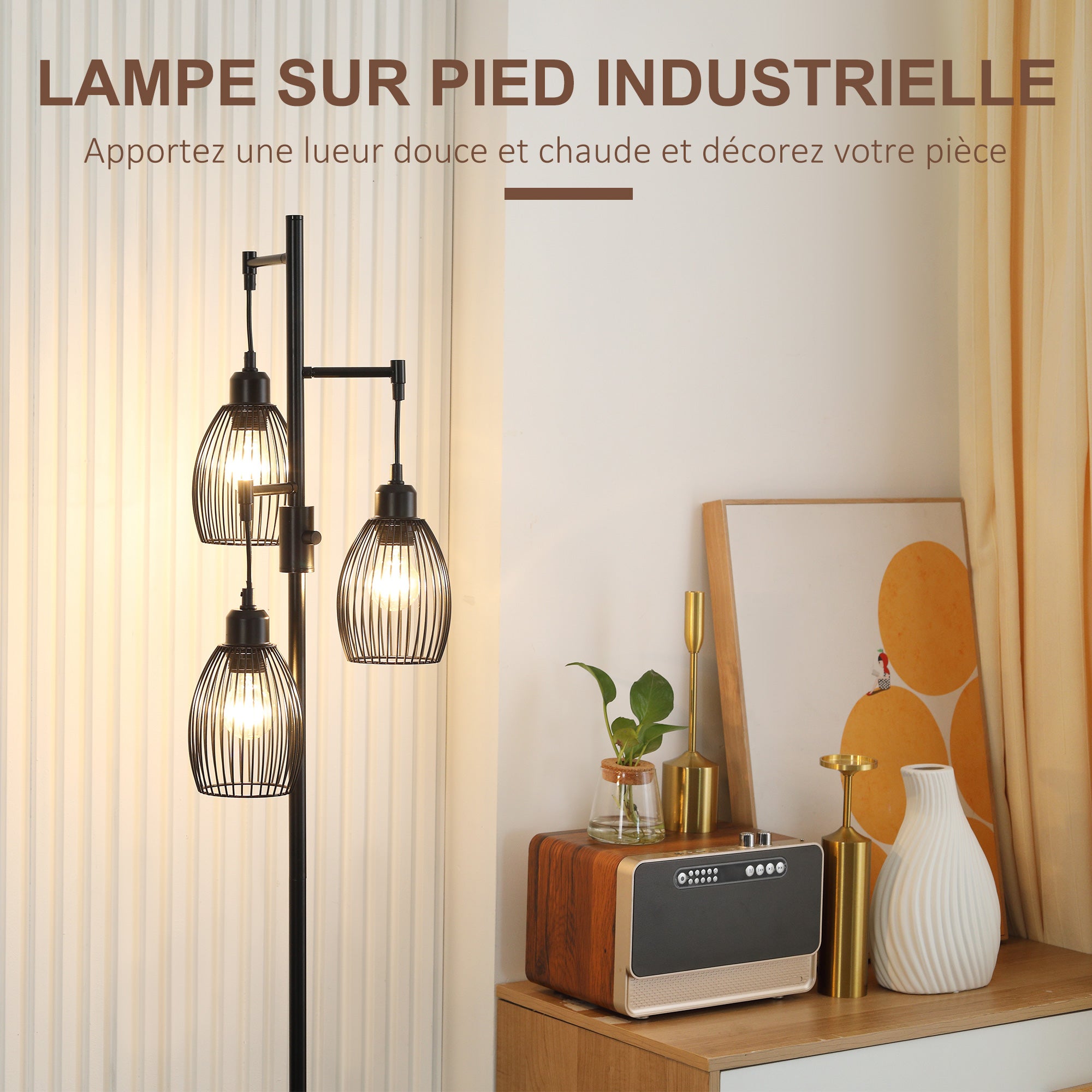 Lampadaire - HOMCOM - style industriel 40 W max 3 abat-jours métal filaire E27 - métal - noir - 5