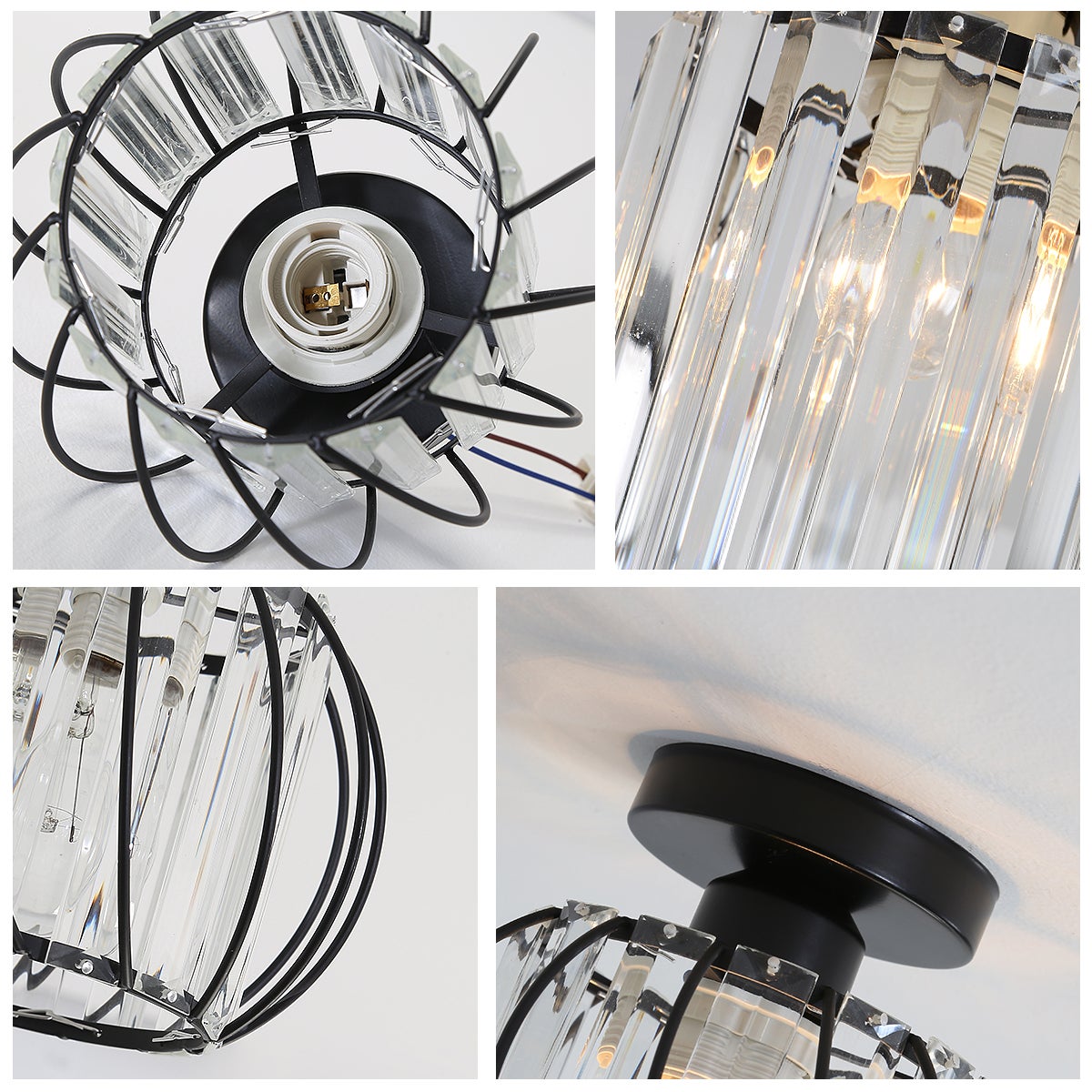 GOECO Plafonnier Industriel Cristal et Métal Noir, Luminaire Plafond Vintage Ø19 cm, Douille E27 Sans Ampoule pour Salon Chambre Couloir - 9