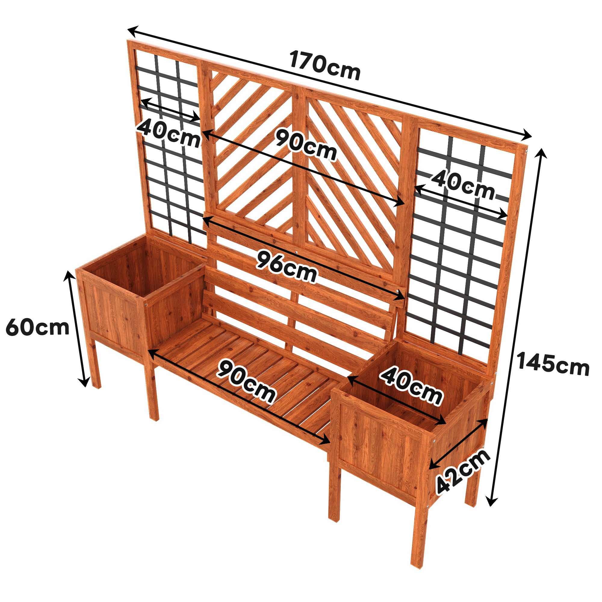 Lot de 2 Jardinière sur pièds avec Treillis en bois massif + 1 banc 2 places - 170 x 42 x 145 cm - Marron - 7