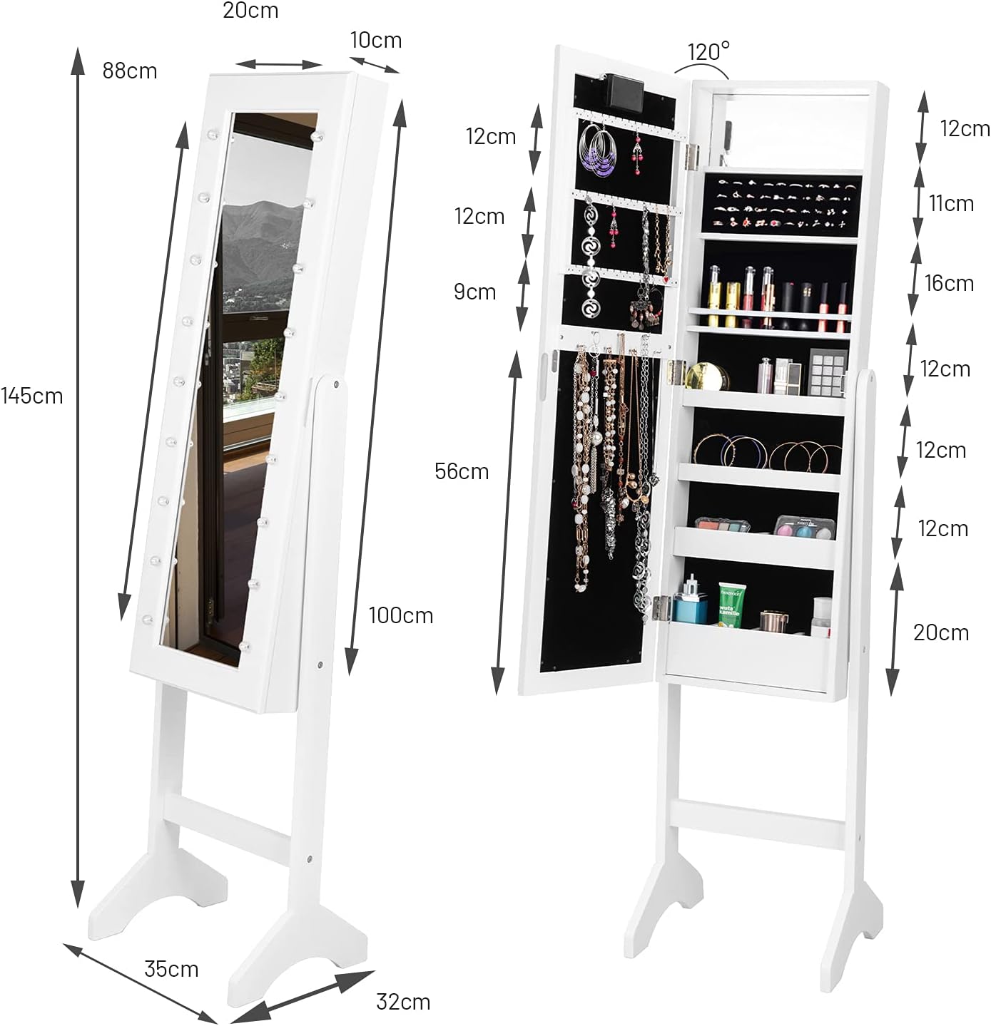 Armoire a Bijoux sur Pied,Rangemen avec Miroir Plein Longueur & Lumieres LED sur le Miroir, Autoportante Verrouillable avec Crochet de Collier(Blanc) - 2