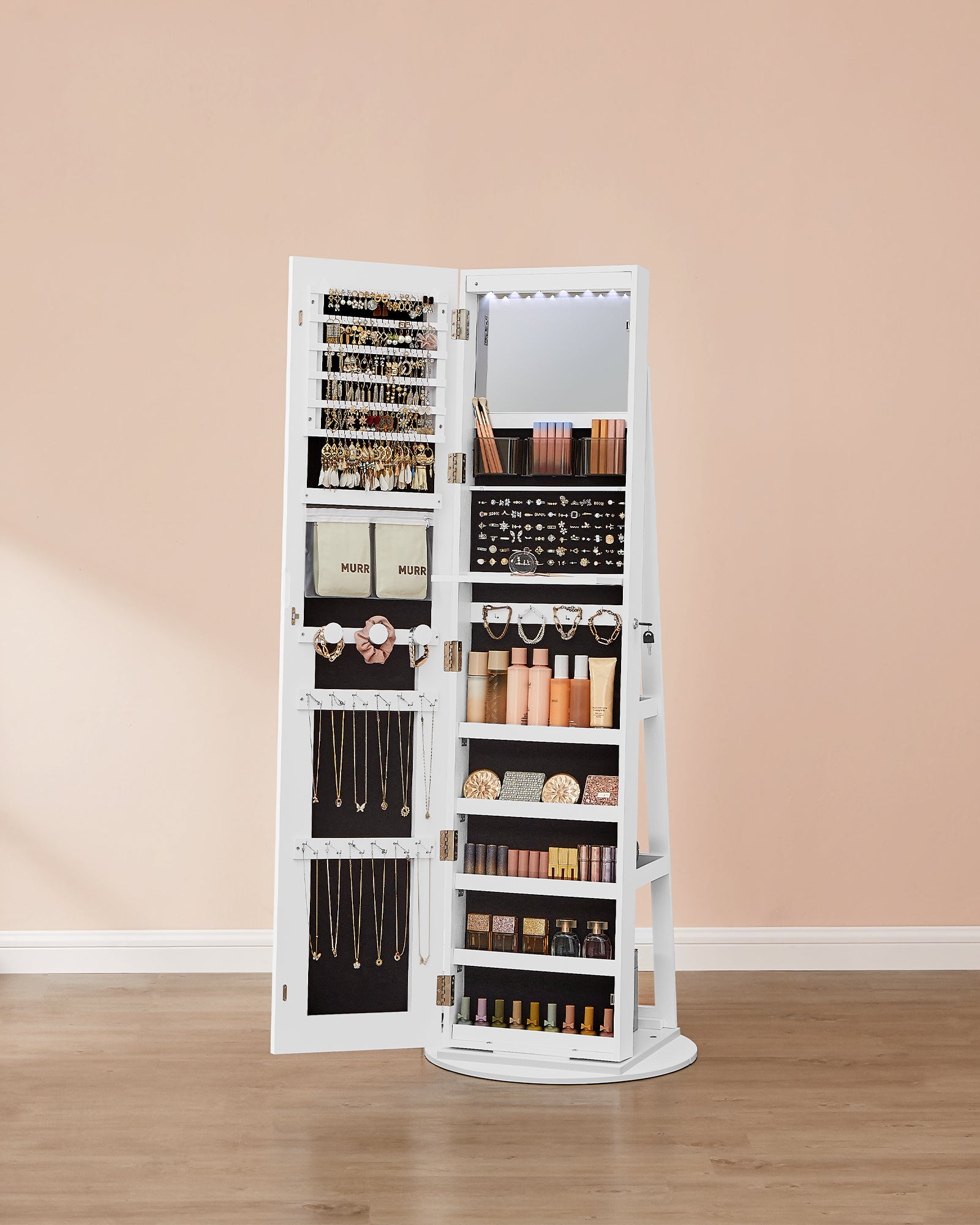 Armoire à Bijoux sur Pied, Armoire avec Miroir, avec Éclairage Réglable, Verrouillable, Pleine Longueur, Grand Espace de Rangement, Blanc Nuage - 7
