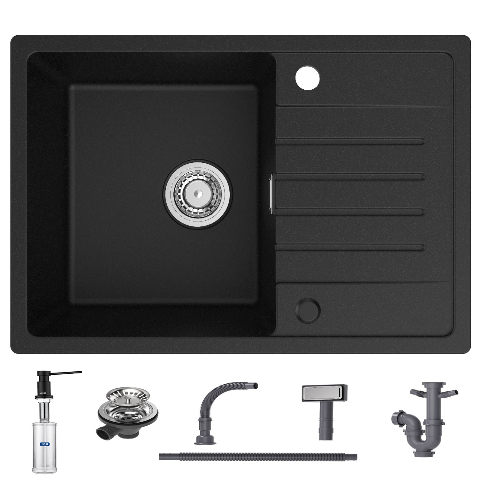 Fregadero cecipa max 1 seno con escurridor fregadero encastrable cuarzo y resina negra 65x45cm + dispensador de jabón negro 300ml