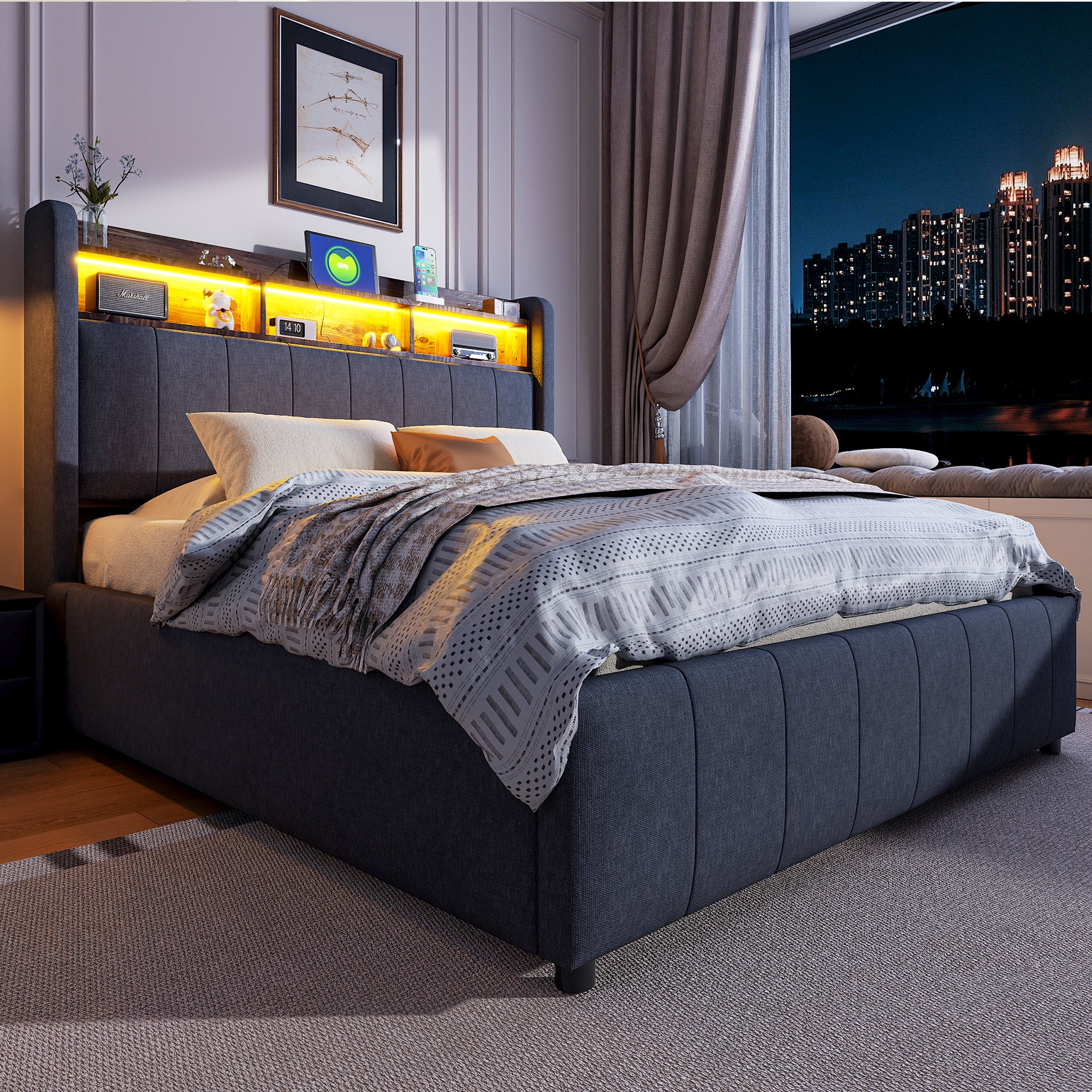 Cama con canapé 140x200 cm con LED, USB y cabecero con almacenamiento, lino gris, sin colchón - 2