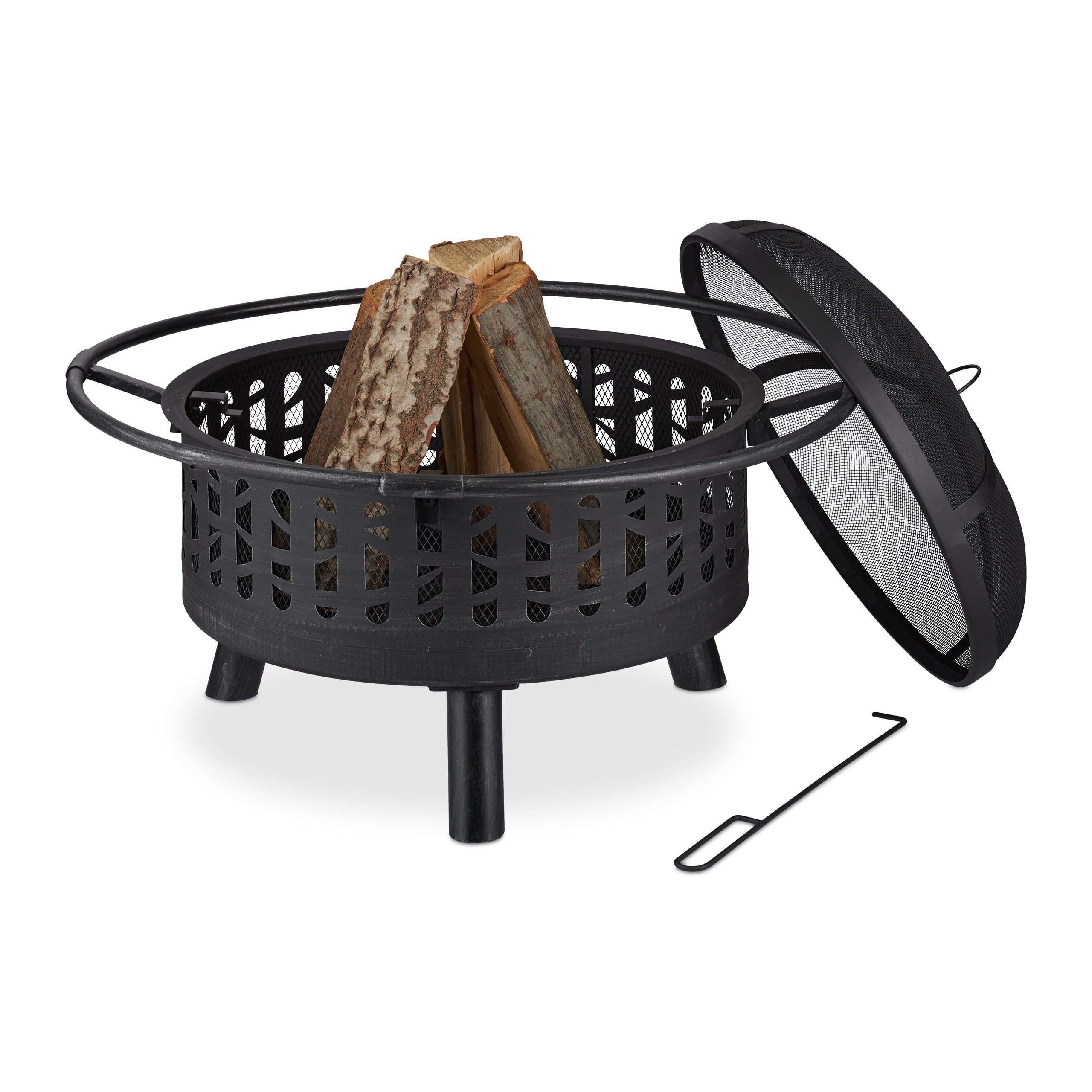 Brasero Extérieur Relaxdays En Fonte Et Acier Bronze - Pare-Étincelles, Tisonnier Et Grille Inclus