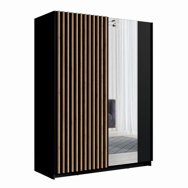 Armoire 2 portes coulissantes avec miroir 150 cm - noir et chêne - Collection STRANO