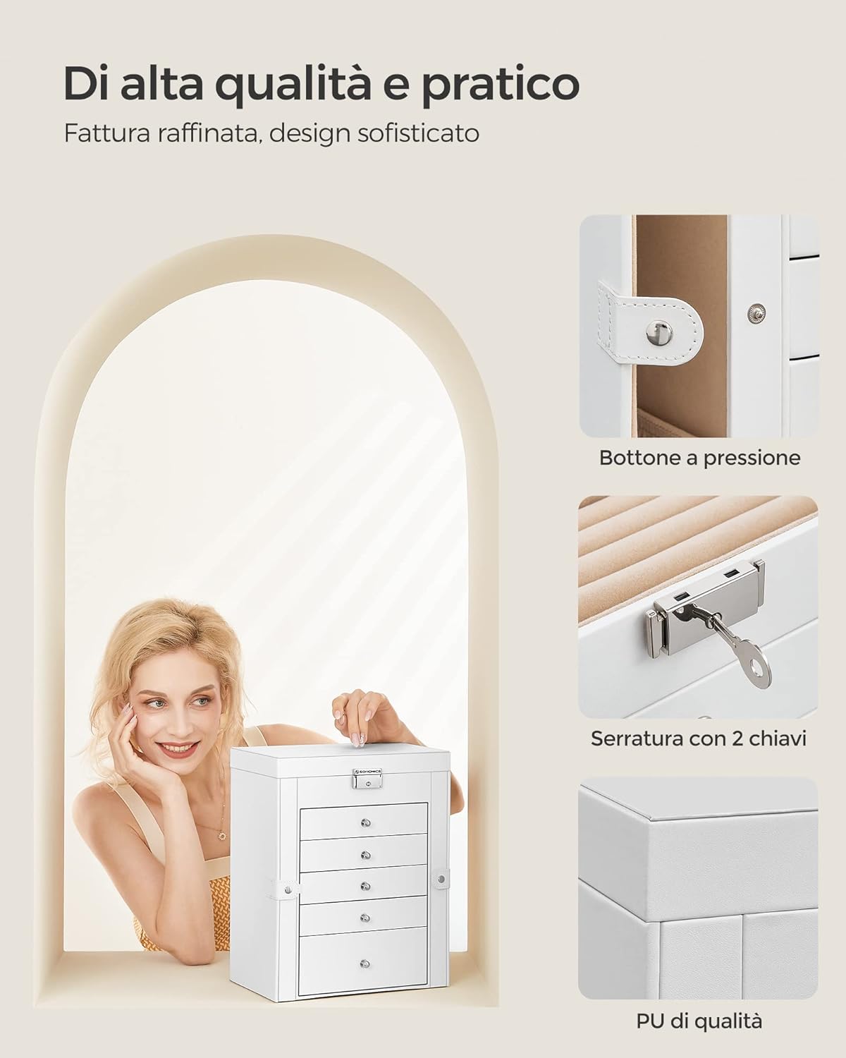 Scatola Portagioie 6 livelli, 5 cassetti, specchio interno, chiusura a chiave, idea regalo, per orologi, bianco, Regalo Natale - 4