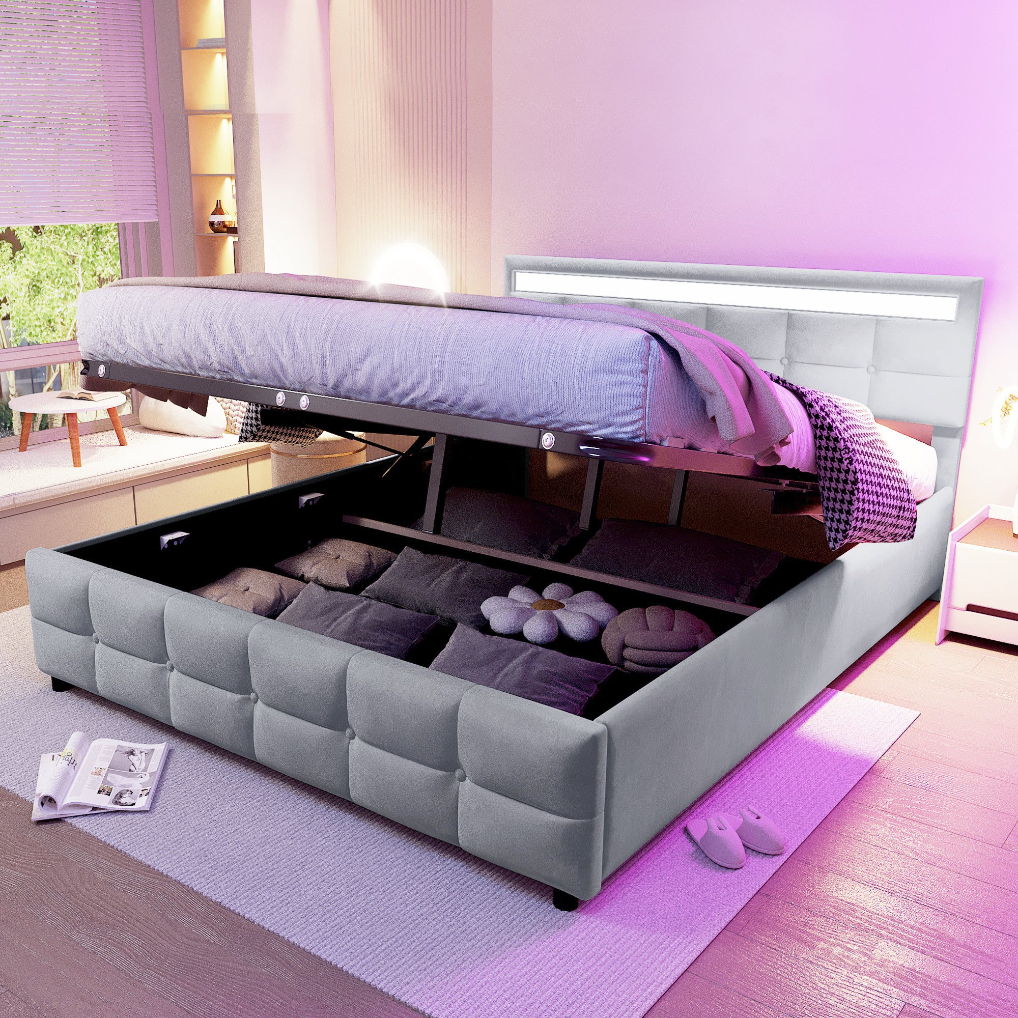 Łóżko 180x200cm z weluru - z LED i stelażem na listwy - Szare