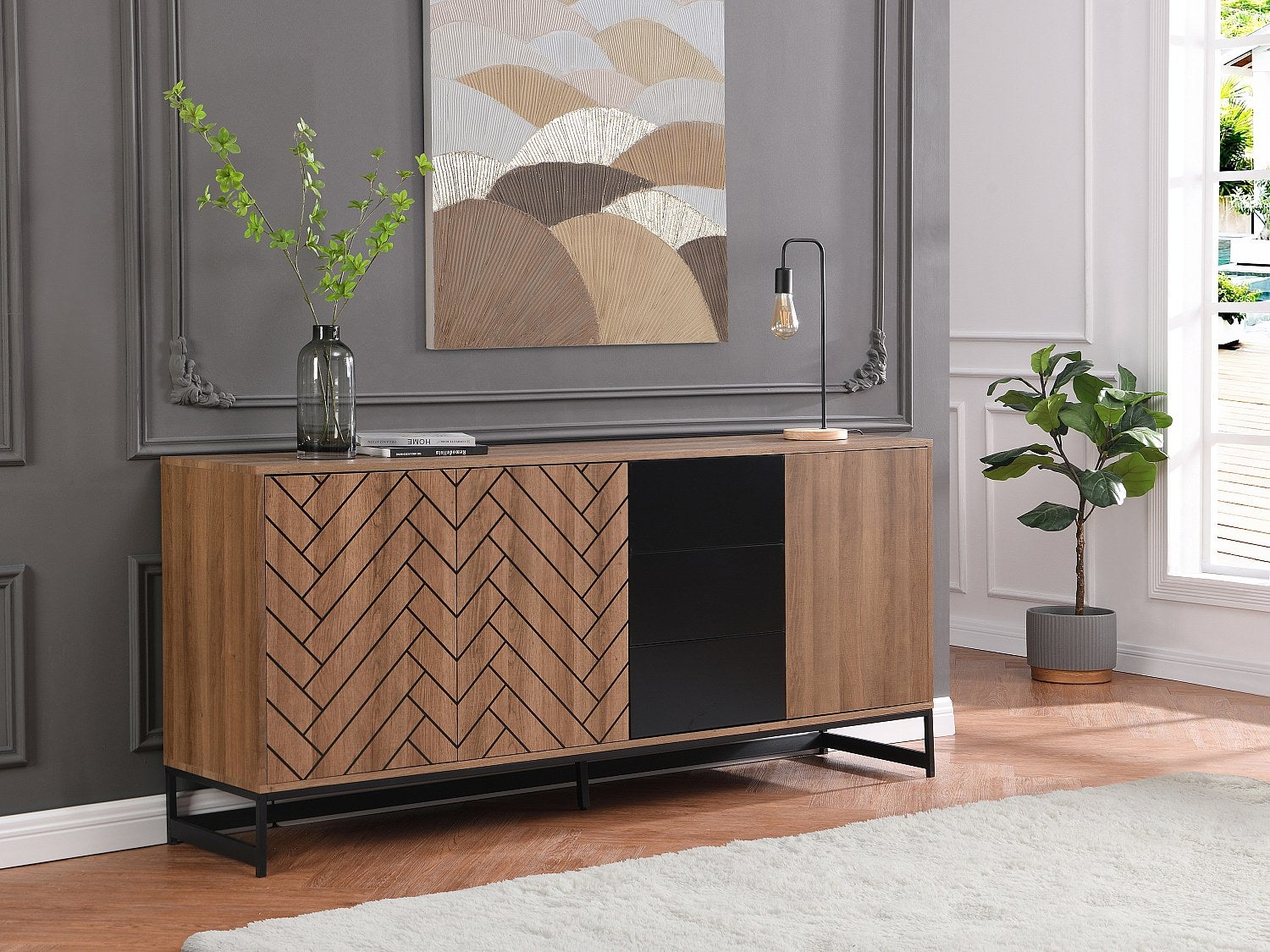 Komoda 3-drzwiowa z 3 szufladami, z MDF – kolor naturalny i czarny – CARATANA - 2