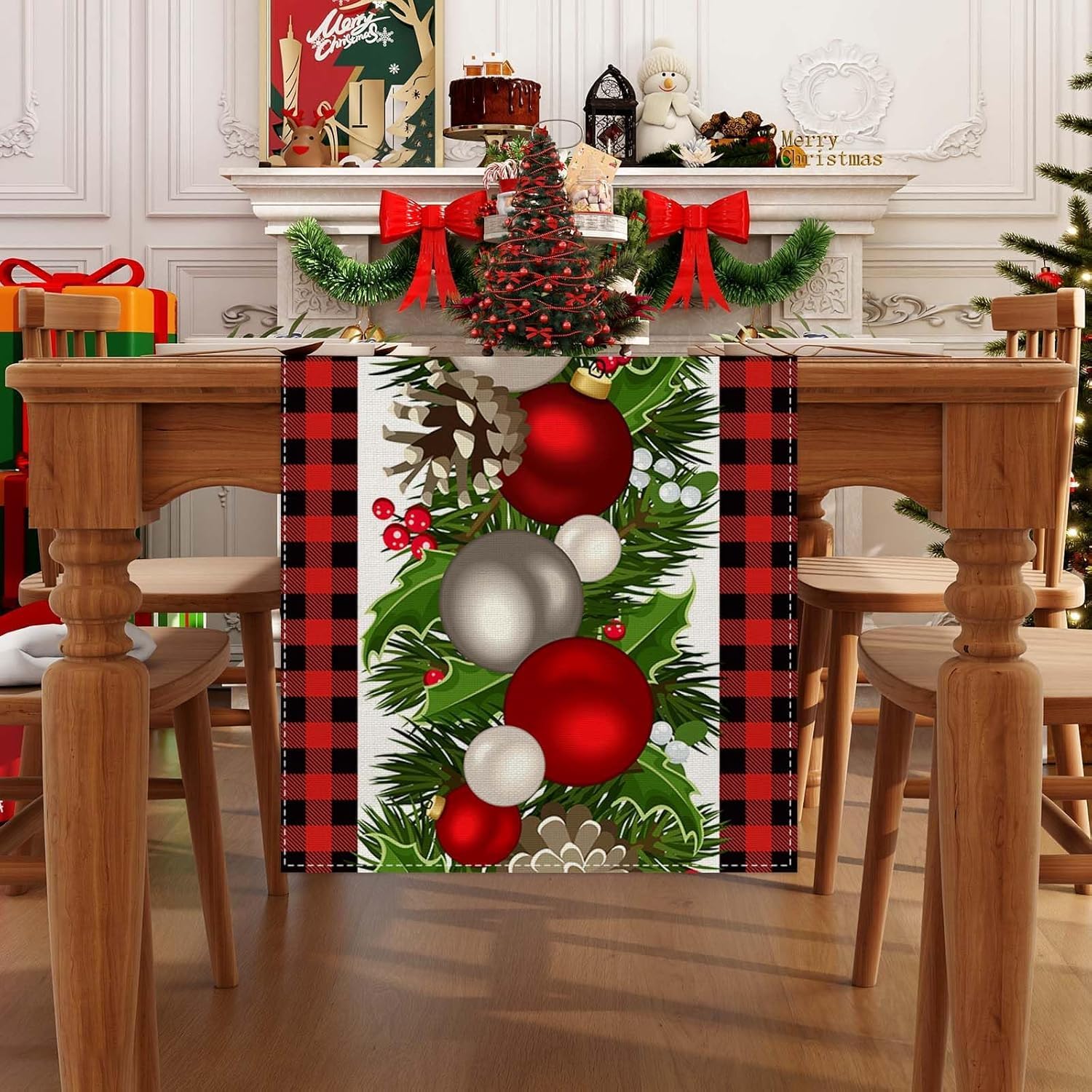 Chemin de Table de Noël 183 x 33 cm Rectangle Décoration de Table Nappe Décoration de Table Festive Motif de Noël Broderie