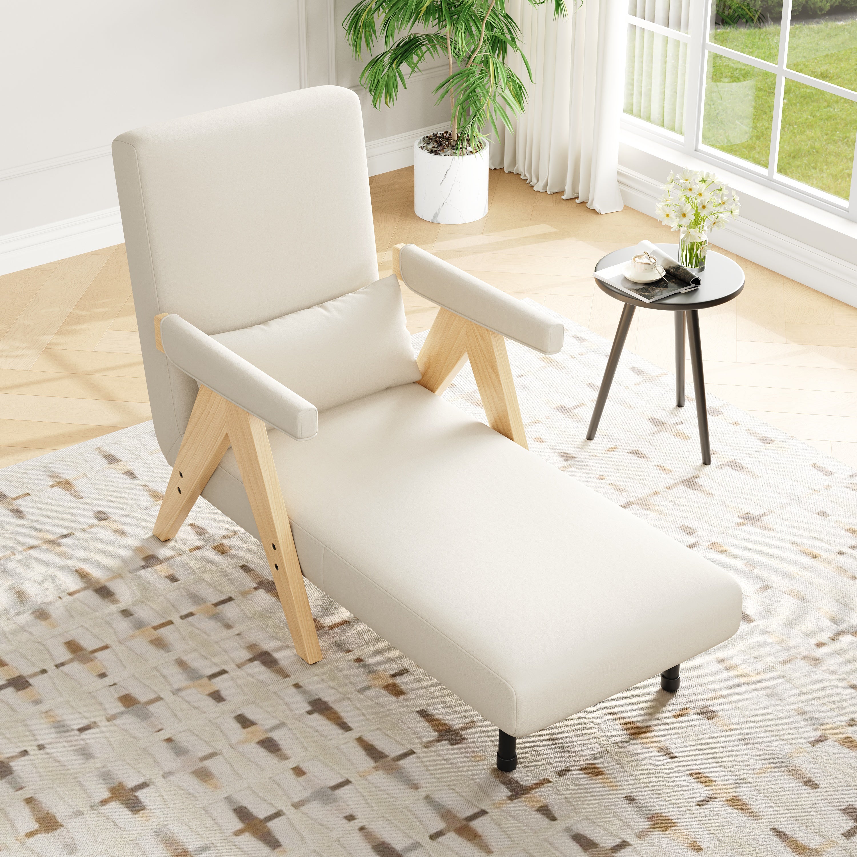 Fauteuil convertible 1 place, Chauffeuse 4-en-1 Dossier Réglable 6 Position, Canapé-Lit - 64 x 60 x 87 cm - Tissu en lin - Beige - 4