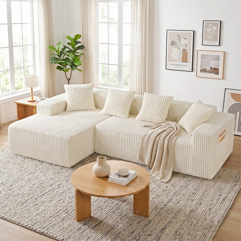 DRIPEX Canapé d'angle gauche en velours côtelé avec 4 coussins,Canapé sans assemblage avec méridienne en L,261×156×80cm,Beige - 2