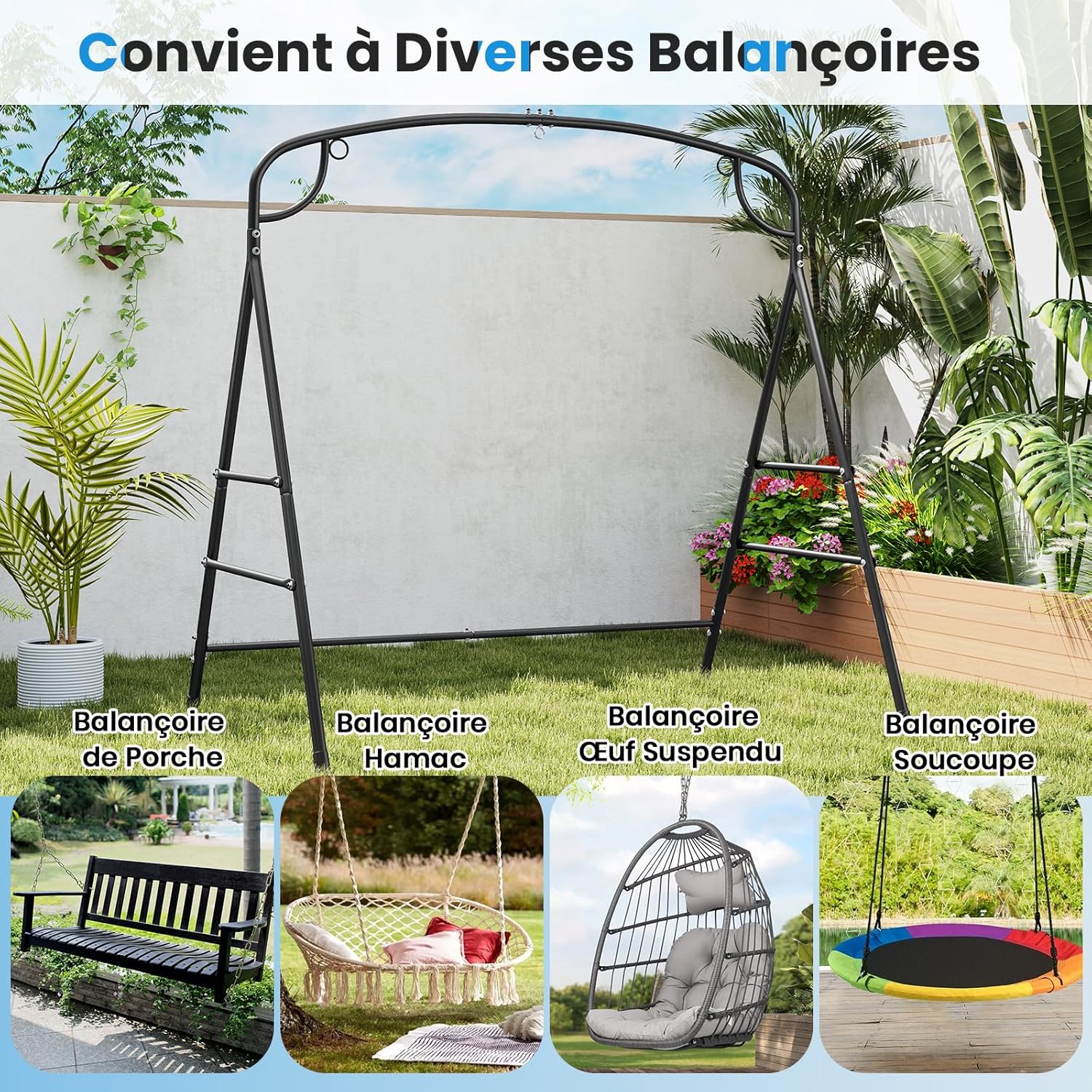 Estrutura de balanço em metal com capacidade de carga de 300 kg, estrutura metálica para baloiço de jardim,banco suspenso, estrutura para jardim - 3