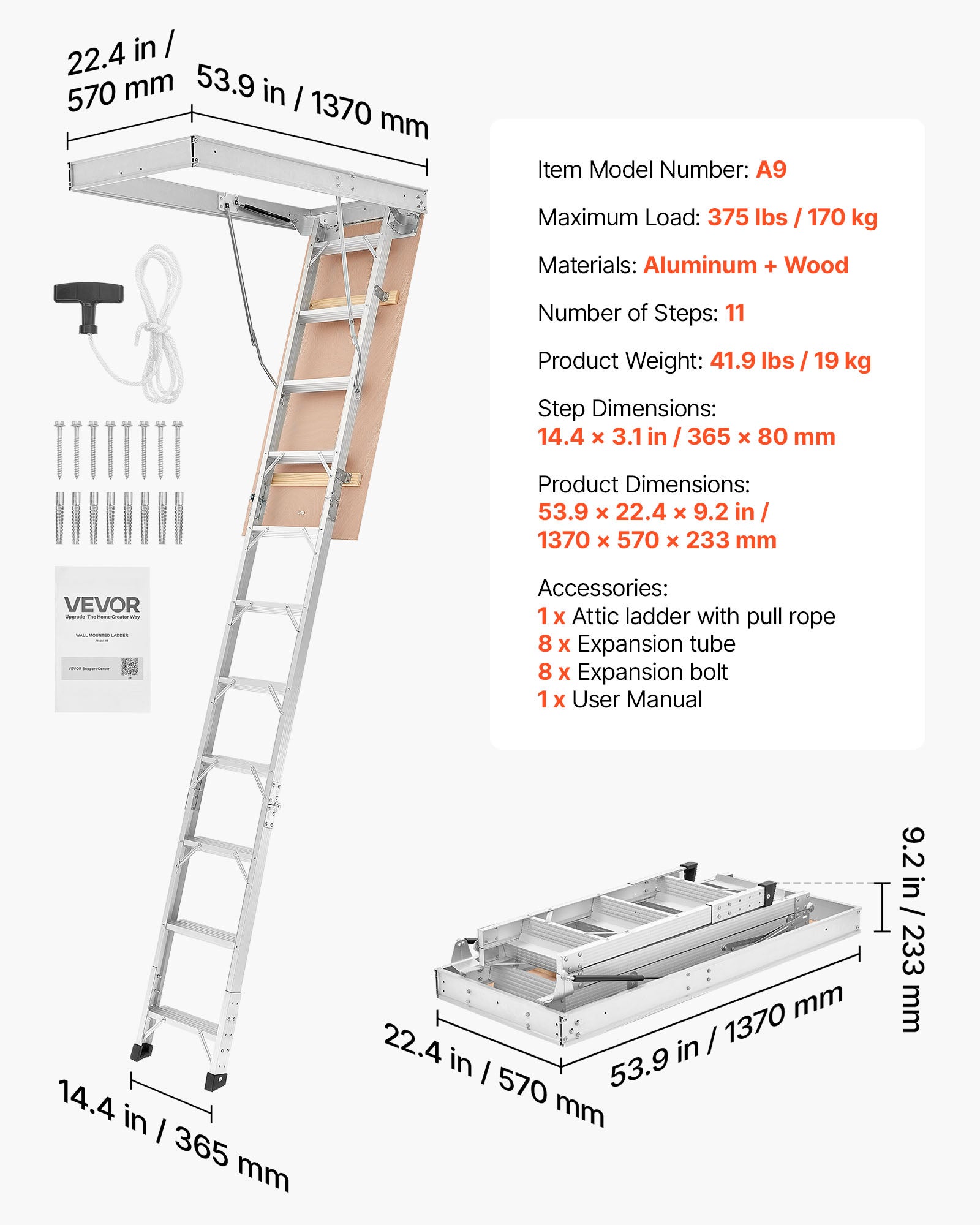 Escalier Escamotable pour Grenier VEVOR, en Alliage d'Aluminium, Échelle de Grenier Pliante, Adapté aux Hauteurs de Plafond 299-314 cm ou 233,5-299 cm - 7