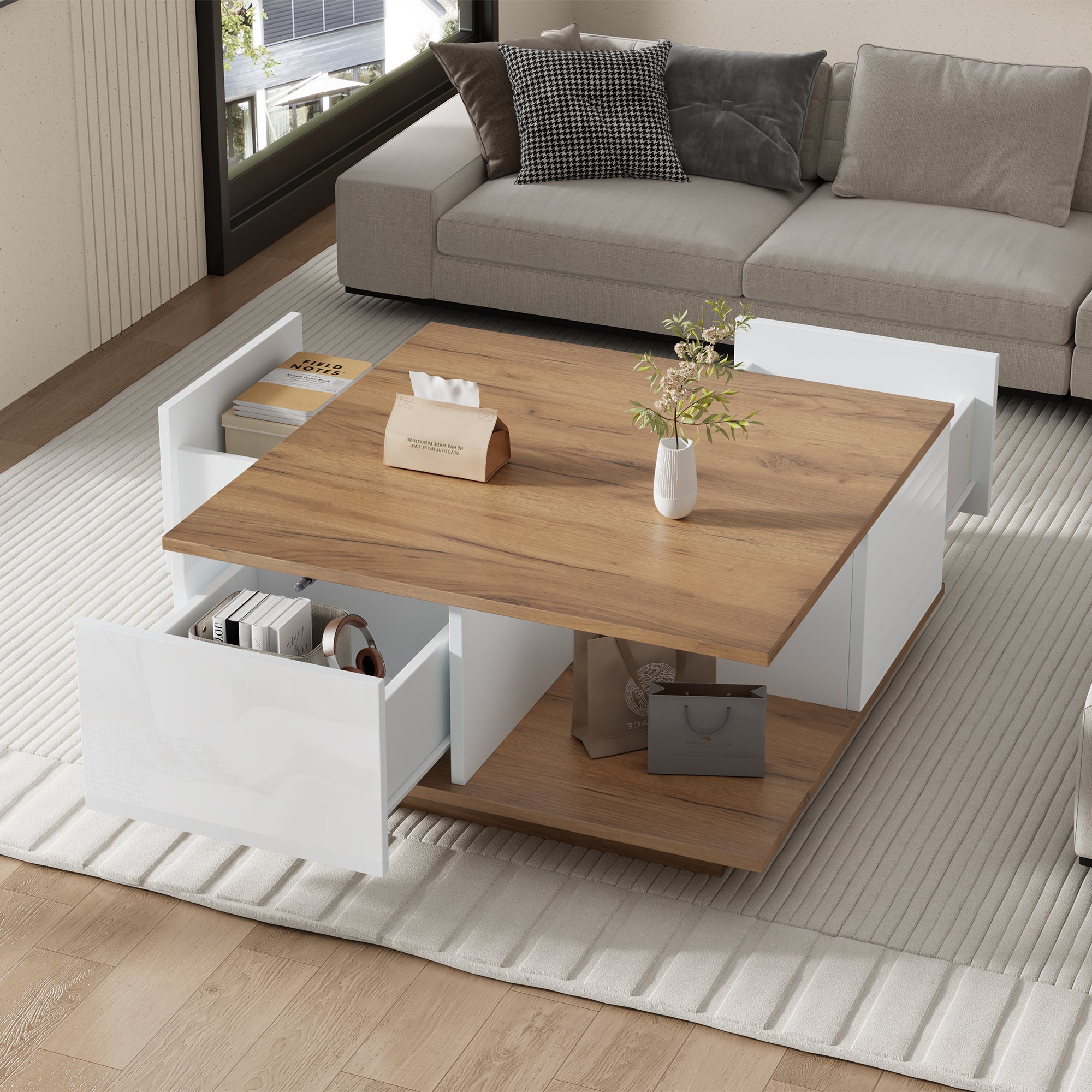 Table basse 70x70x31.5 cm - 3 tiroirs - Plateau carré - Panneaux de particules - Blanc + Naturel - 3