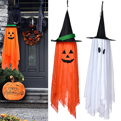 Sombrero de mago de calabaza preencordado, adornos colgantes de bruja fantasma de calabaza para decoración de jardín de fiesta, 2 uds.