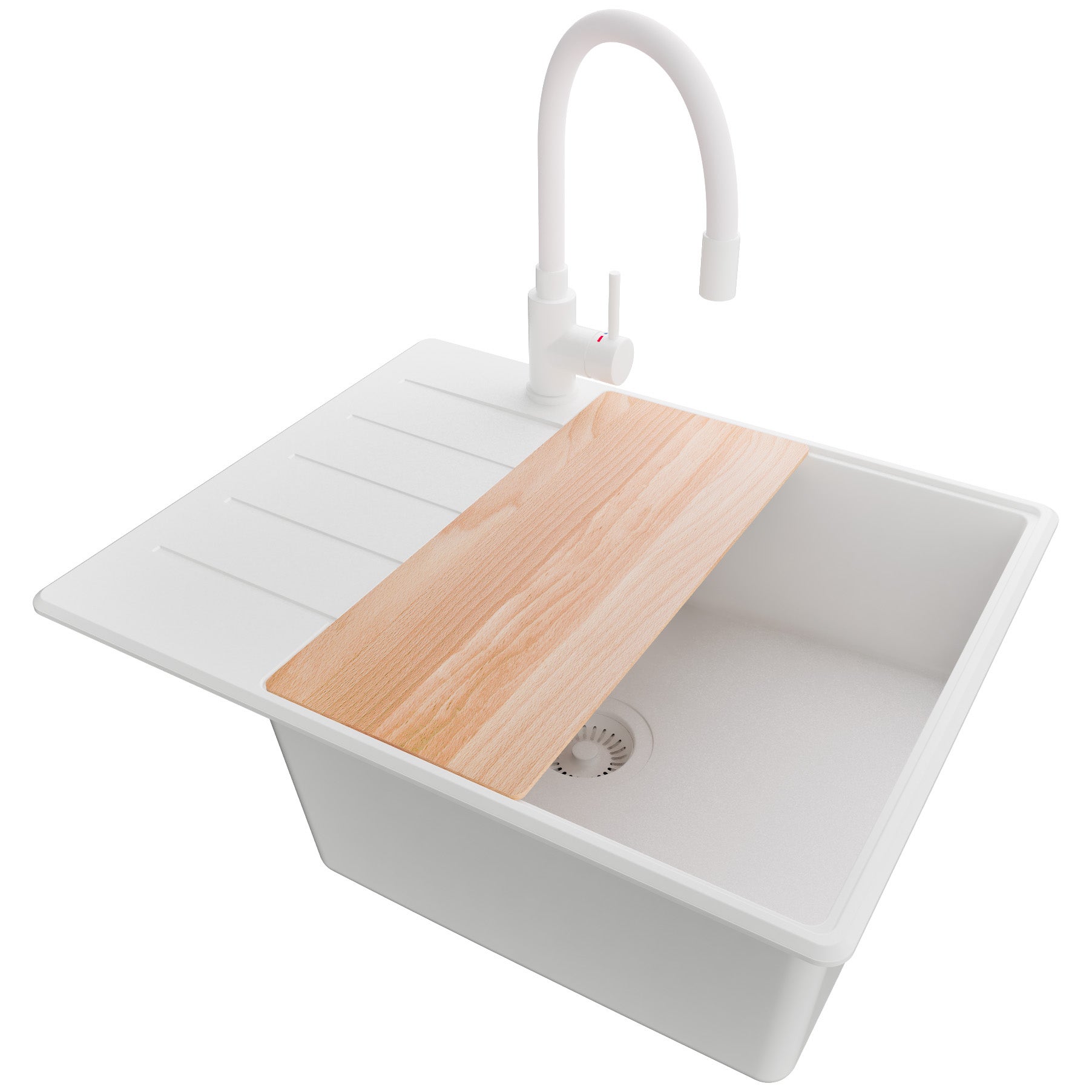 Zlewozmywak Granitowy Cały Biały 62x50cm, Zlew Kuchenny 1 Komorowy + Syfon + Akcesoria, Nablatowy do szafki od 50cm - Kopenhaga PRIMAGRAN