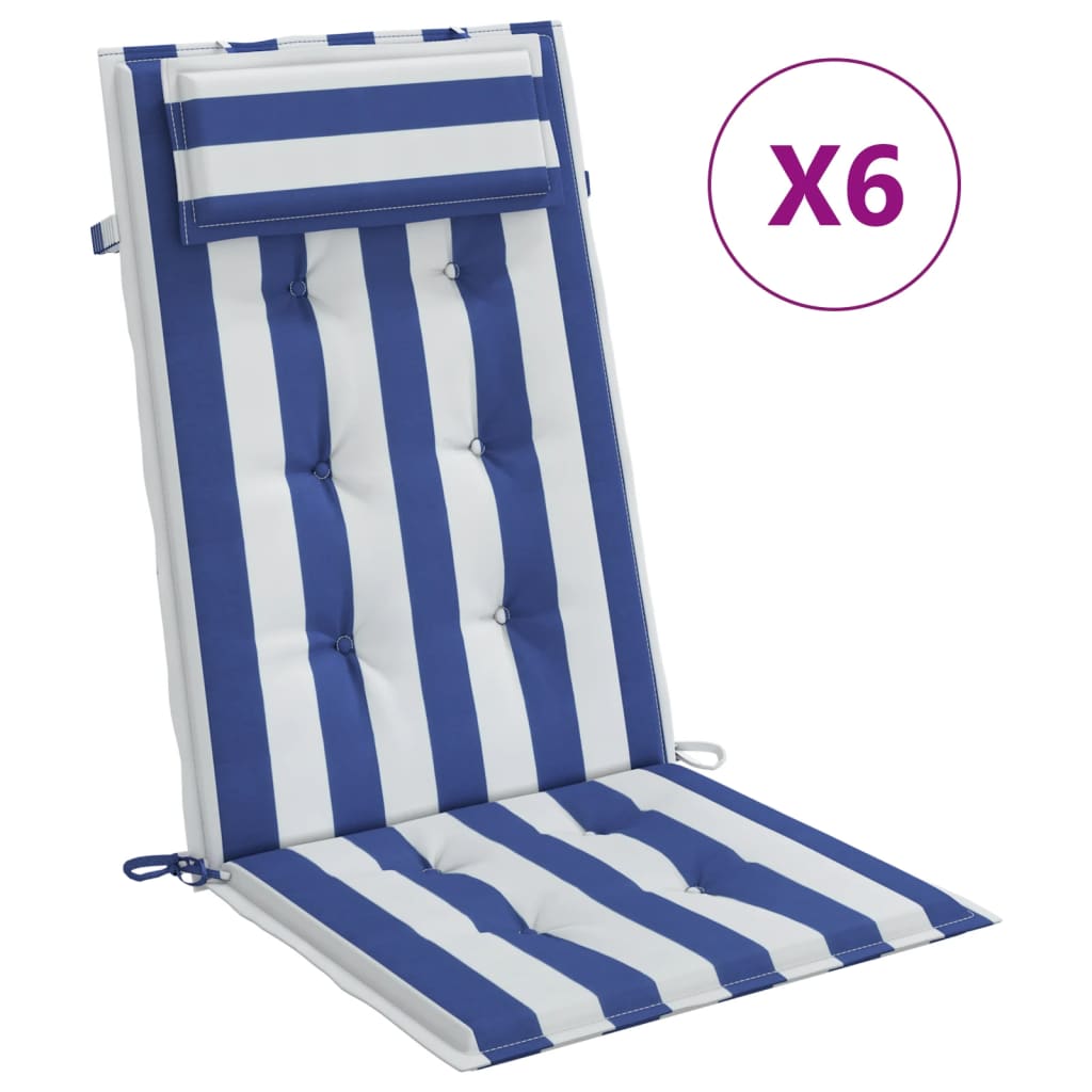6 pcs Coussin d'extérieur | Coussins de chaise à dossier haut rayures bleu/blanc CFW450535 - 2