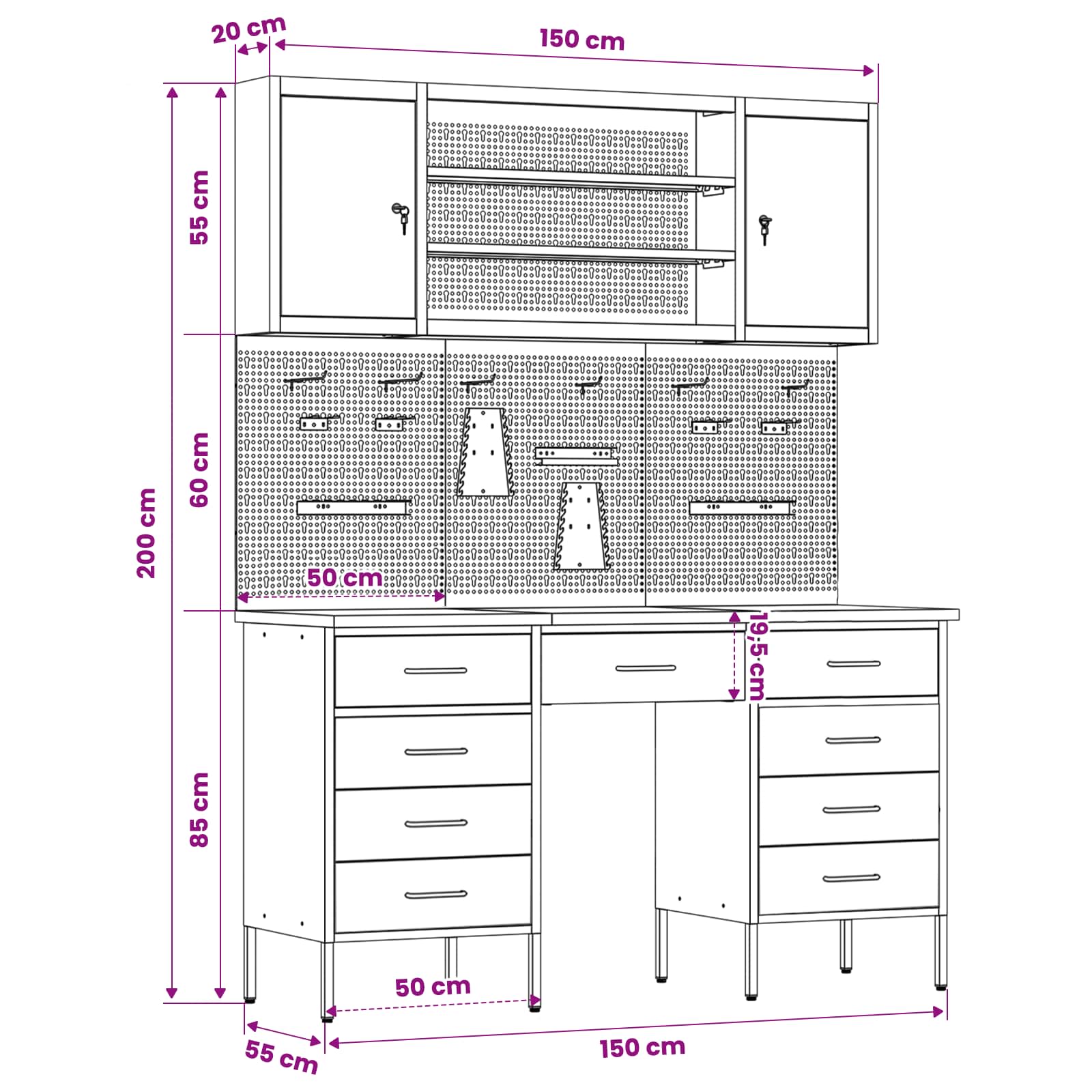 Armário e Painel de Ferramentas de 7 Peças em MDF e Metal Preto - 3