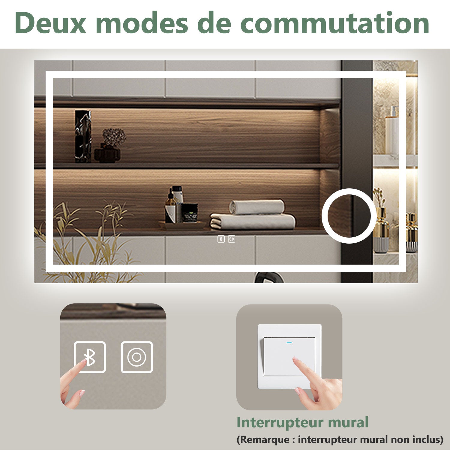 AICA Miroir lumineux 80 x 60cm, bluetooth + 3 couleurs + dimmable + grossissant + anti-buée + mémoire, miroir salle de bain led - 7