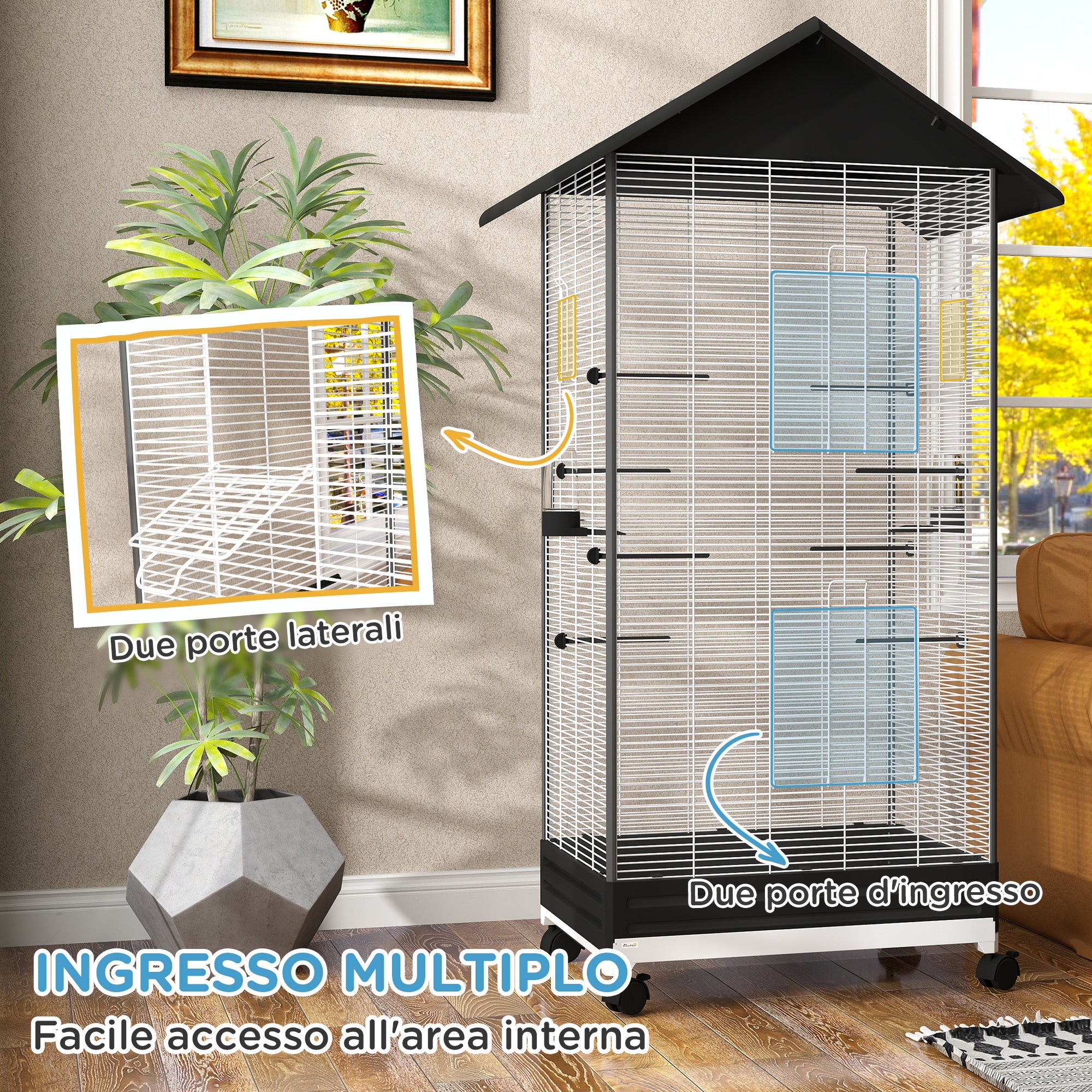 PawHut Gabbia per Uccelli con Ruote e Vassoio Estraibile, Voliera Alta 155 cm con Posatoi e Mangiatoie, Nero - 6