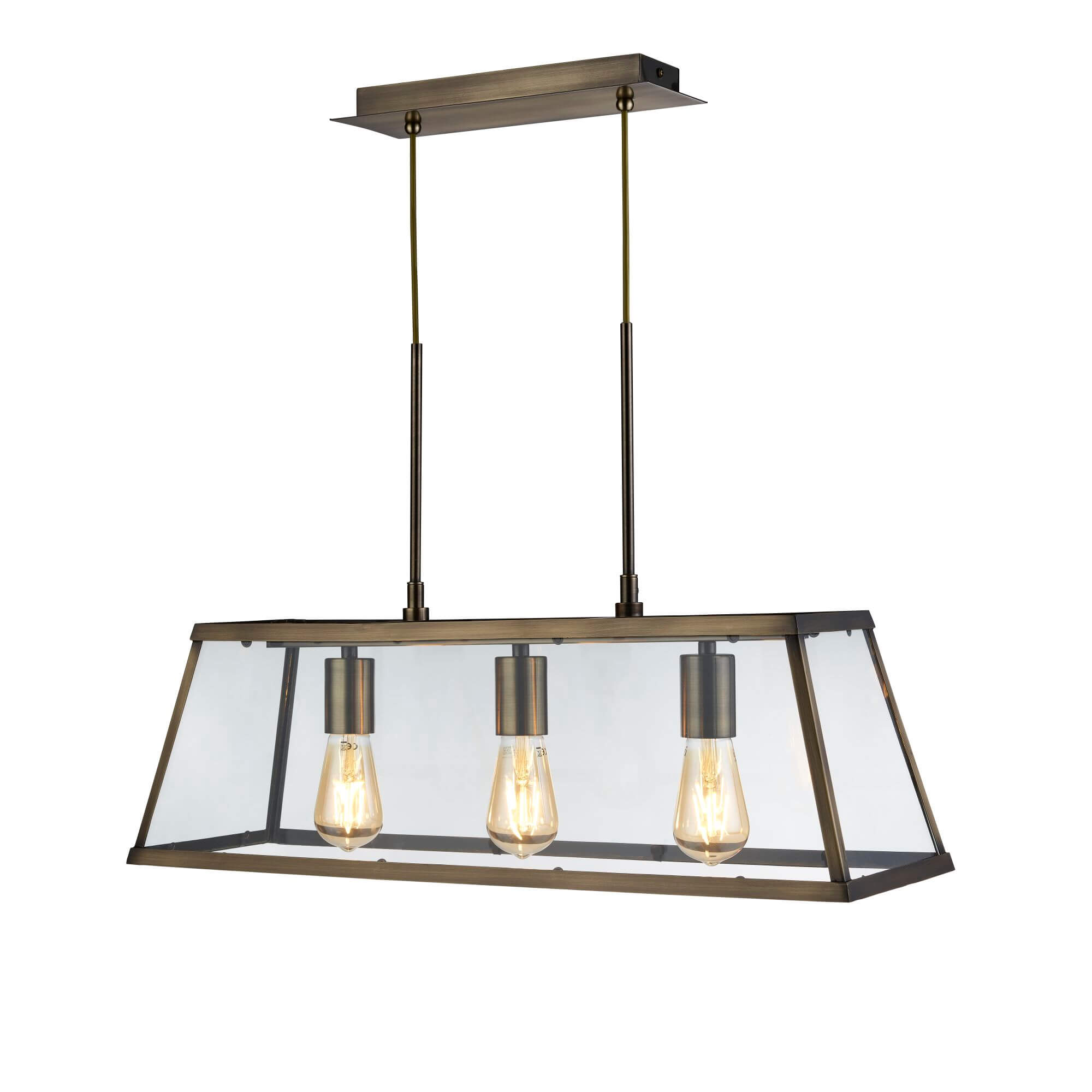 Suspension VOYAGER 3L barre lanterne rectangulaire , laiton antique, Verre E27 3x60w maxi Long 65cm haut 120cm - 6