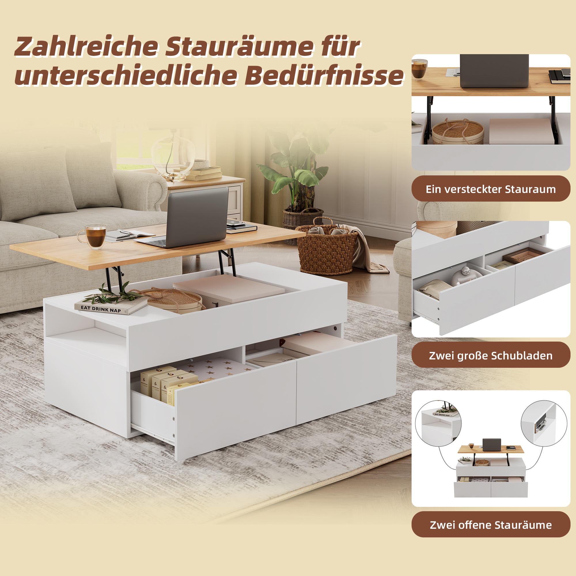 Table basse avec plateau relevable et 2 tiroirs - 100 x 50 x 40 cm - Panneau de particules - Blanc + bois - 5