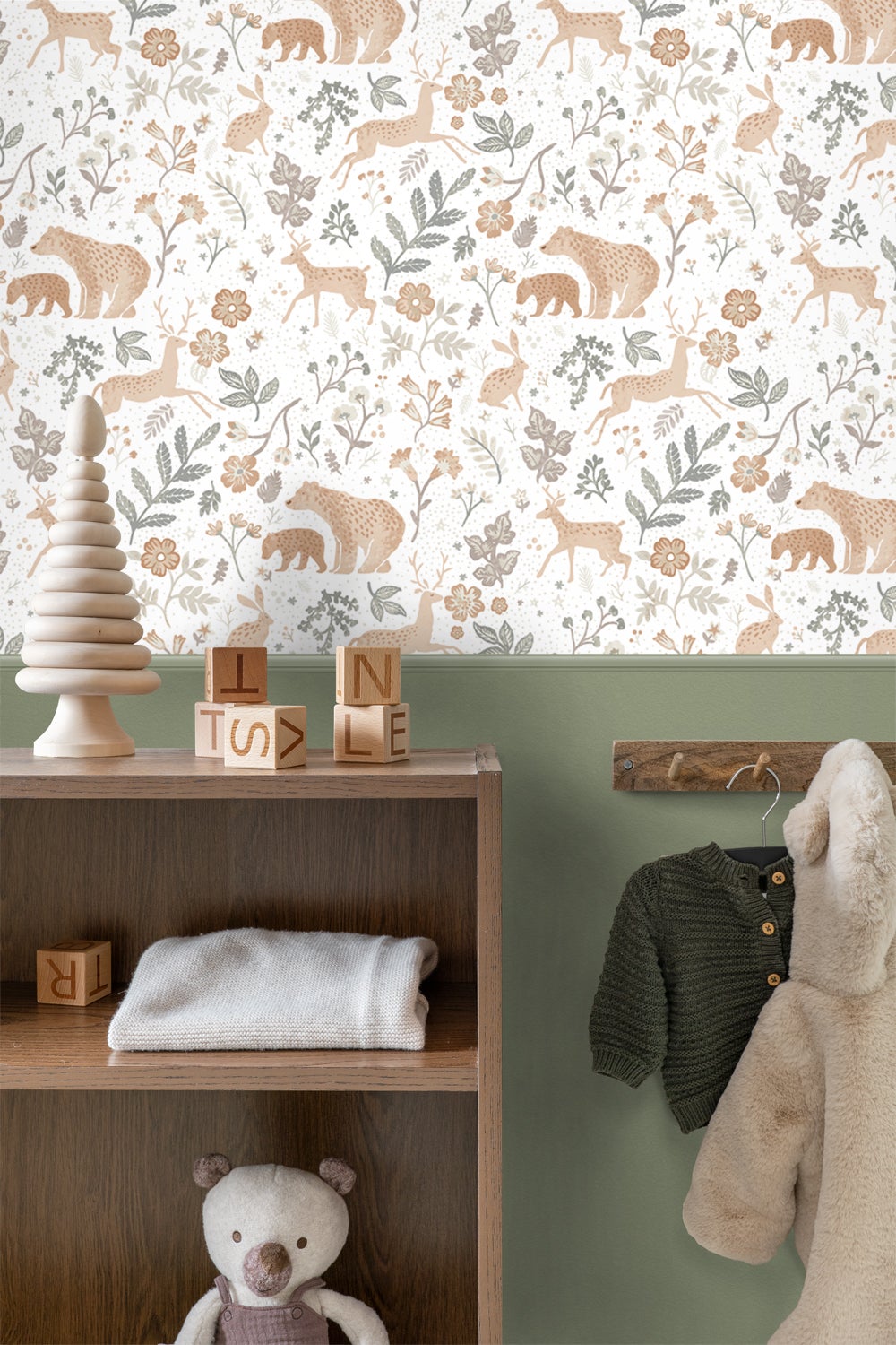 Papier peint forêt avec des animaux de la forêt vert grisé, beige et blanc - 53 cm x 10.05 m - ESTAhome - 3