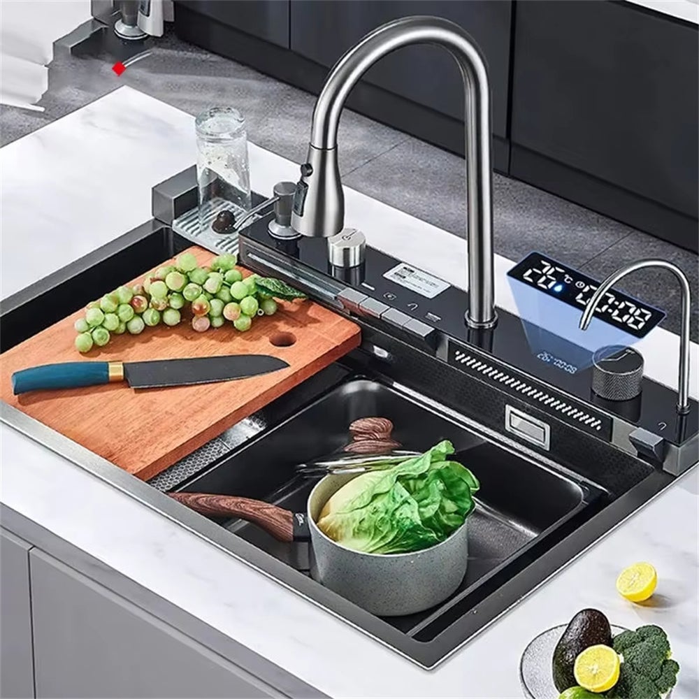 Fregadero de cocina de acero inoxidable con cascada, de un solo