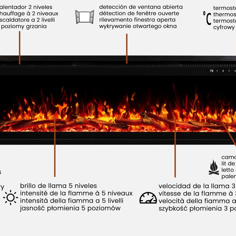 Kominek elektryczny AFLAMO Royal PRO 120 - ogień premium - na ścianę i do zabudowy - 120x38x16 cm - dekoracyjny kominek LED z grzaniem 750/1500 W
