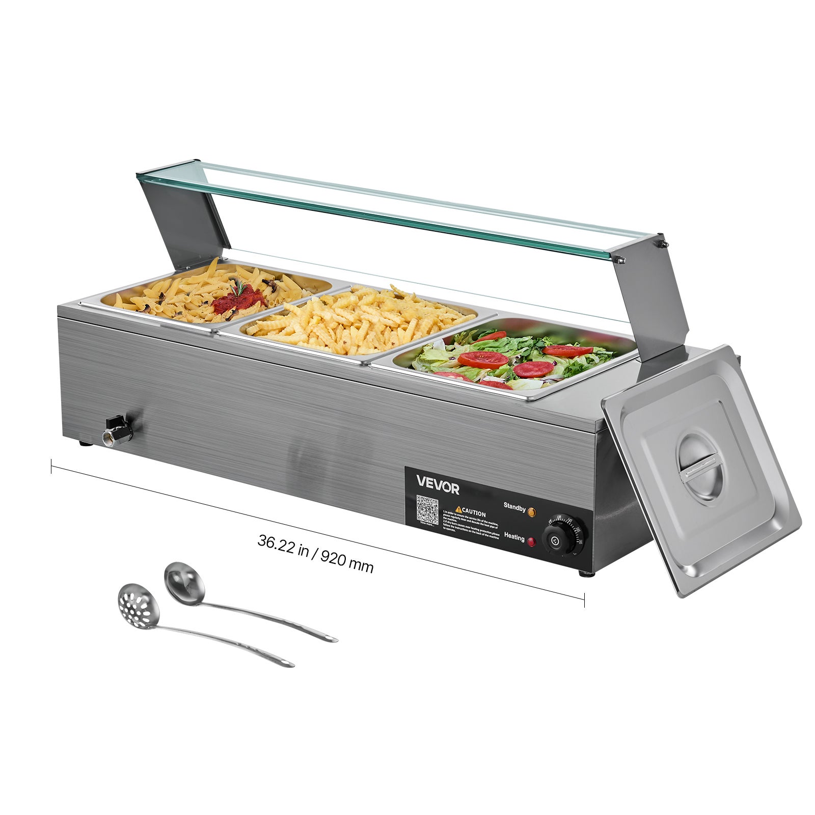 Vevor  Calentador De Alimentos Eléctrico 1500 W De Acero Inox, Baño María Con 3 Cubetas, Tapa De Vidrio Y Cucharones, Para Buffet , Leroy Merlin