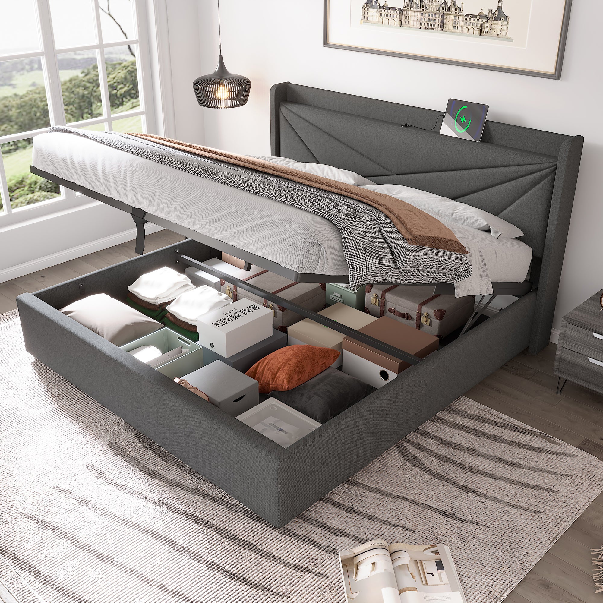Lit coffre 160x200 cm Lit rembourré double avec Tête de Lit - Chargeur USB-Type-C, Rangement Intégré - Pour Chambre d'Enfant - Gris - 4