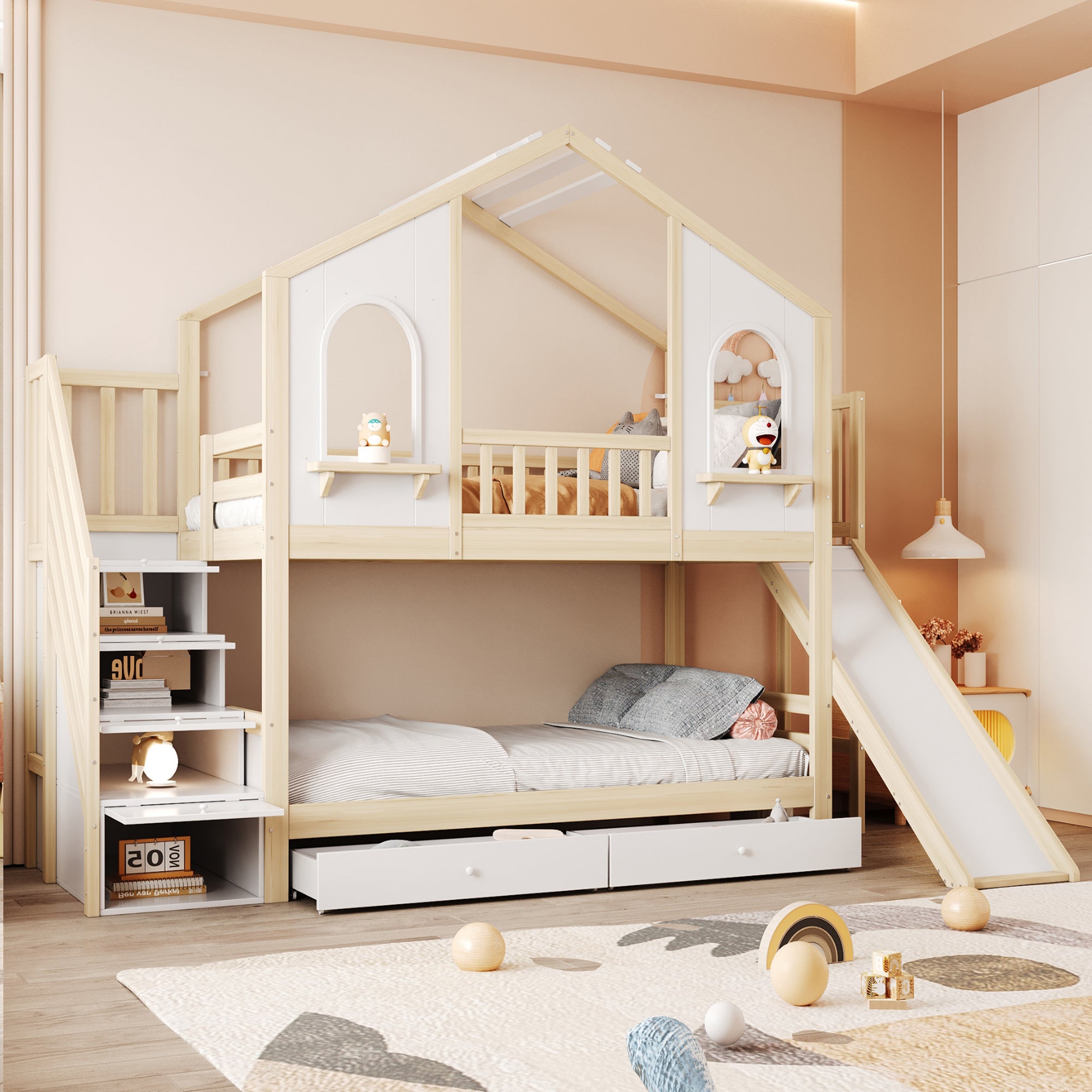 Łóżka piętrowe 2 x 90 x 200 cm ze zjeżdżalnią, 2 szufladami i 3 drzwiami - Sosna + sklejka + MDF - Naturalny + biały (Materace nie są wliczone w cenę) - 2