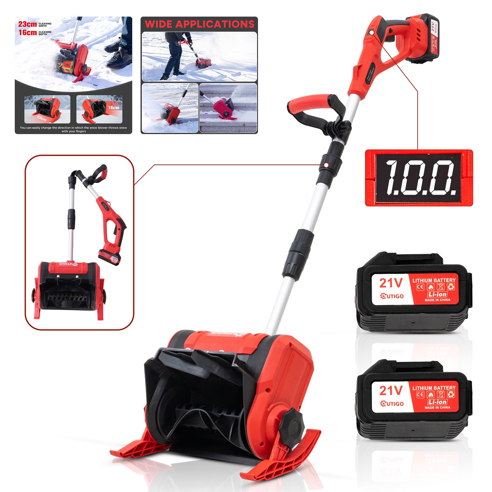 Souffleuse à Neige Électrique 20V Avec 2 Batteries - Déneigeuse Pliable 12 Pouces, Distance 6M, 3 Directions, Tige Télescopique Pour Allées Et Jardin