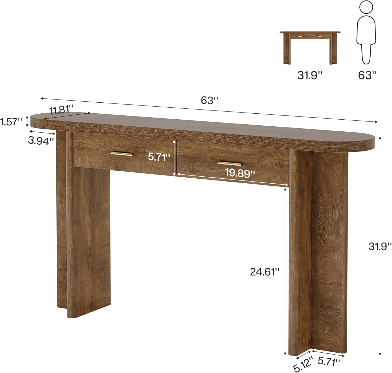 Tribesigns Console 160 cm avec 2 tiroirs - Style fermier élégant et rangement pratique, plateau ovale courbé - 3