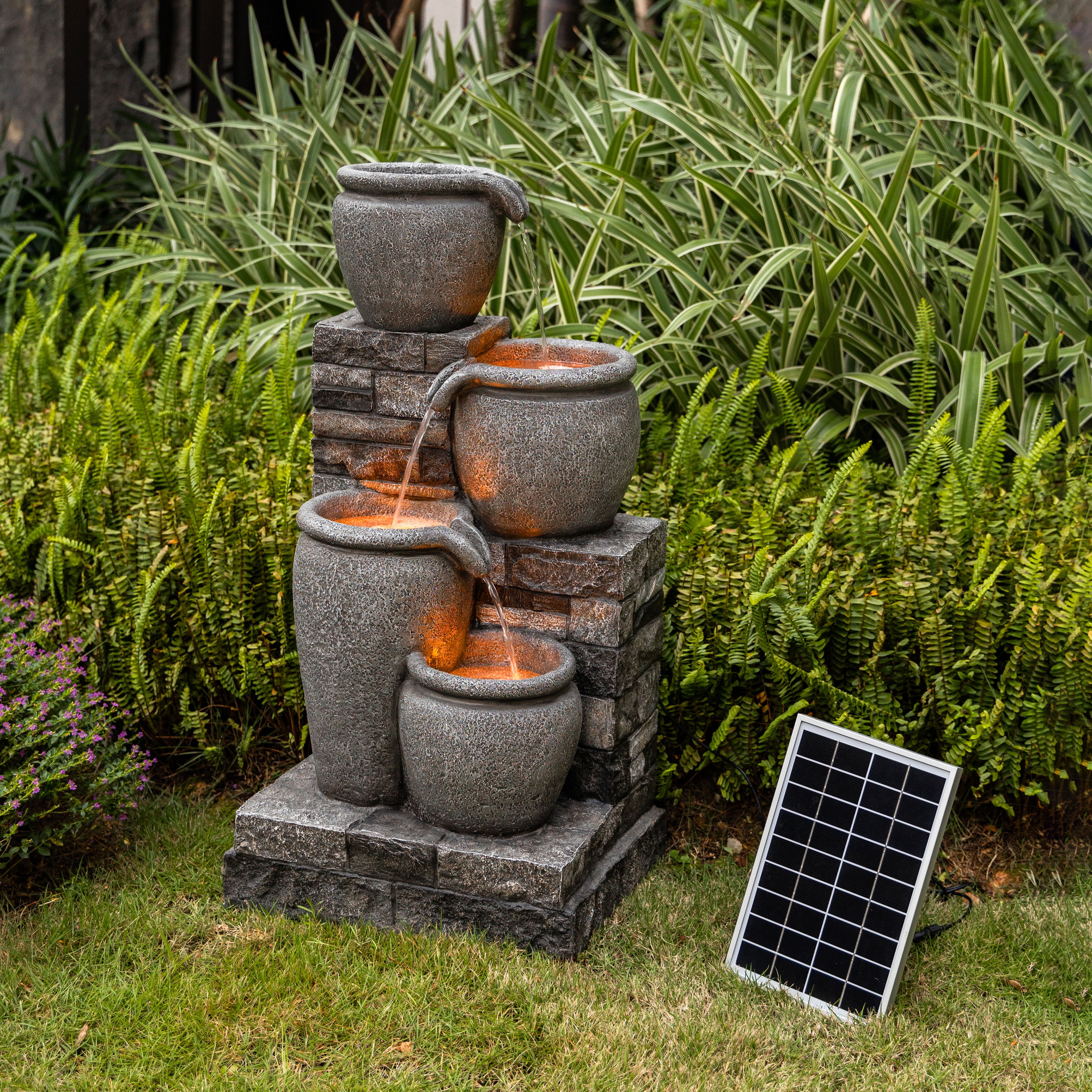 Fontaine solaire cascade 4 niveaux pierre extérieur, Gris TEAMSON HOME - 7