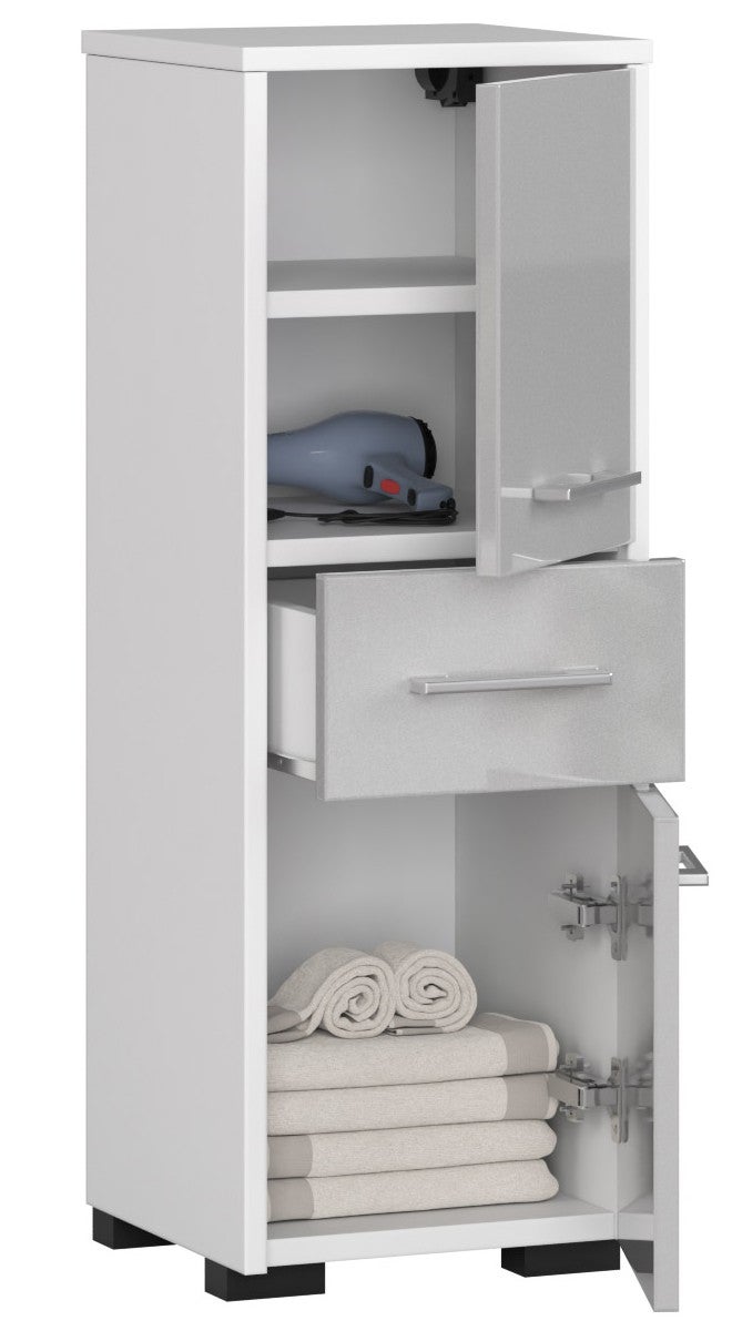 Wolnostojąca szafka łazienkowa: 1 szuflada, 2 drzwi, 3 półki, kolor biały | metaliczny połysk, szer.: 30 cm, wys.: 85 cm, gł.: 30 cm. - 2