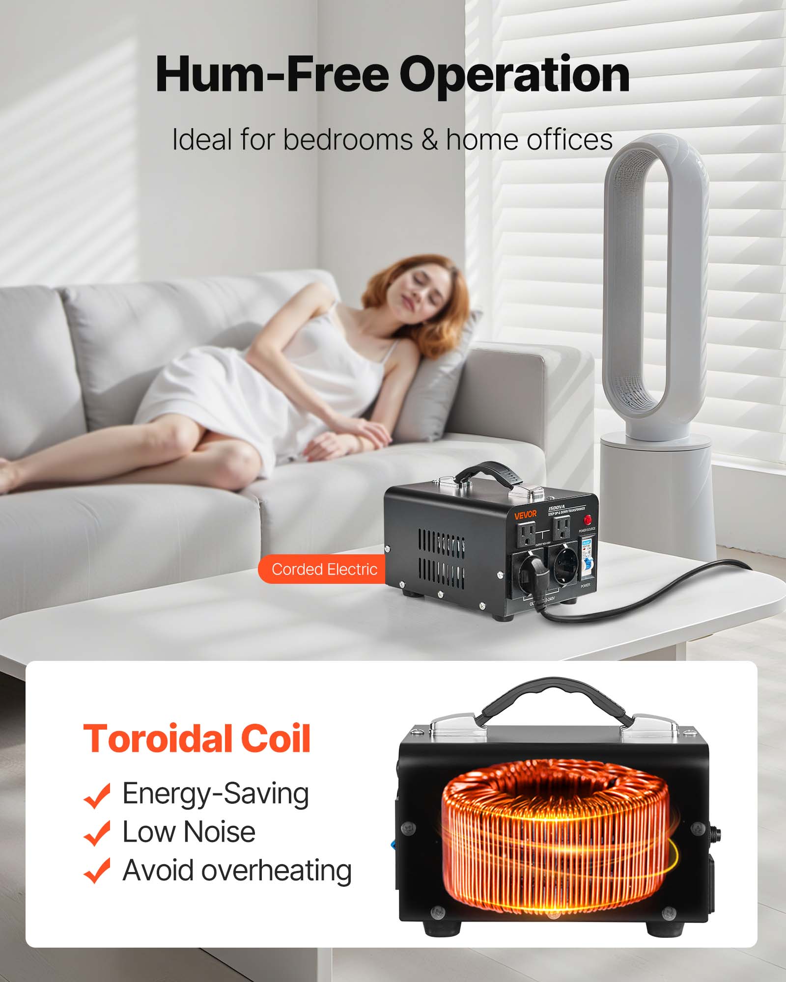 Transformador VEVOR 220V para 110V e 110V para 220V 1500VA com fichas EUA e UE, cabo de alimentação, proteção de disjuntor - 6