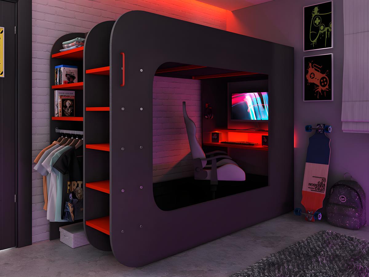Letto A Soppalco Con Scrivania - 90x200cm Nero, LED RGB, Prese USB, Per Cameretta