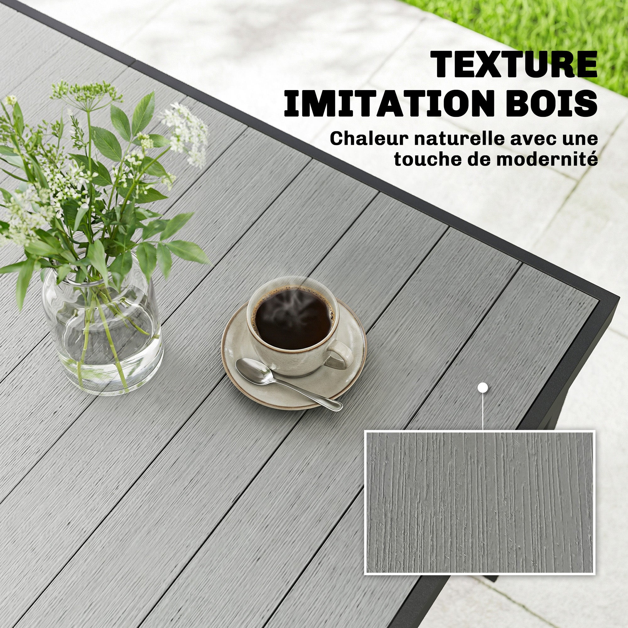 Table de jardin pour 4 à 6 personnes, table de repas d'extérieur avec plateau à lattes, 140 x 90 x 74 cm, grise - 6