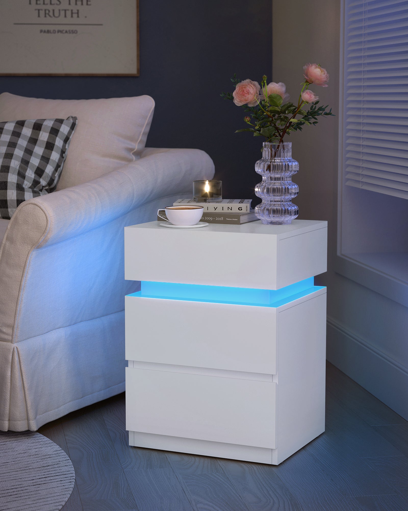 Table de Chevet, Lot de 2, avec Bande LED Multicolore Réglable, 3 Tiroirs, Table d’Appoint de Style Moderne, 35 x 40 x 55 cm, Blanc - 6