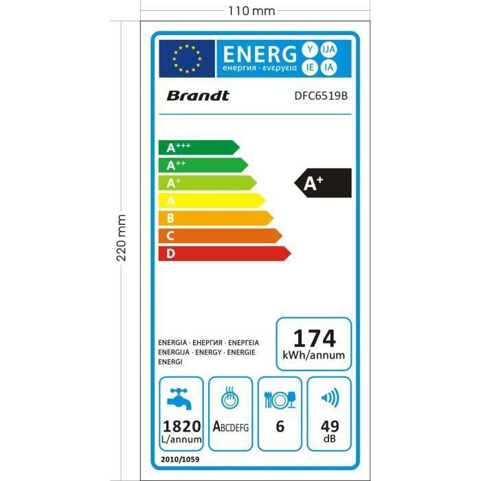 Lave-vaisselle compact pose libre BRANDT DFC6519B - 6 couverts - L55cm - 49 dB - Noir - 2