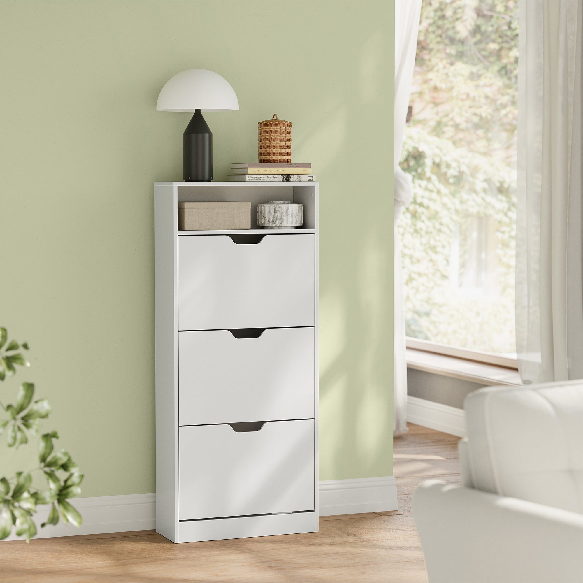 Meuble à Chaussures à 3 Abattants, avec Compartiment Ouvert et Séparateur Ajustable, pour 14 à 18 Paires, Entrée, 24,1 x 60,1 x 139,1 cm, Blanc - 2