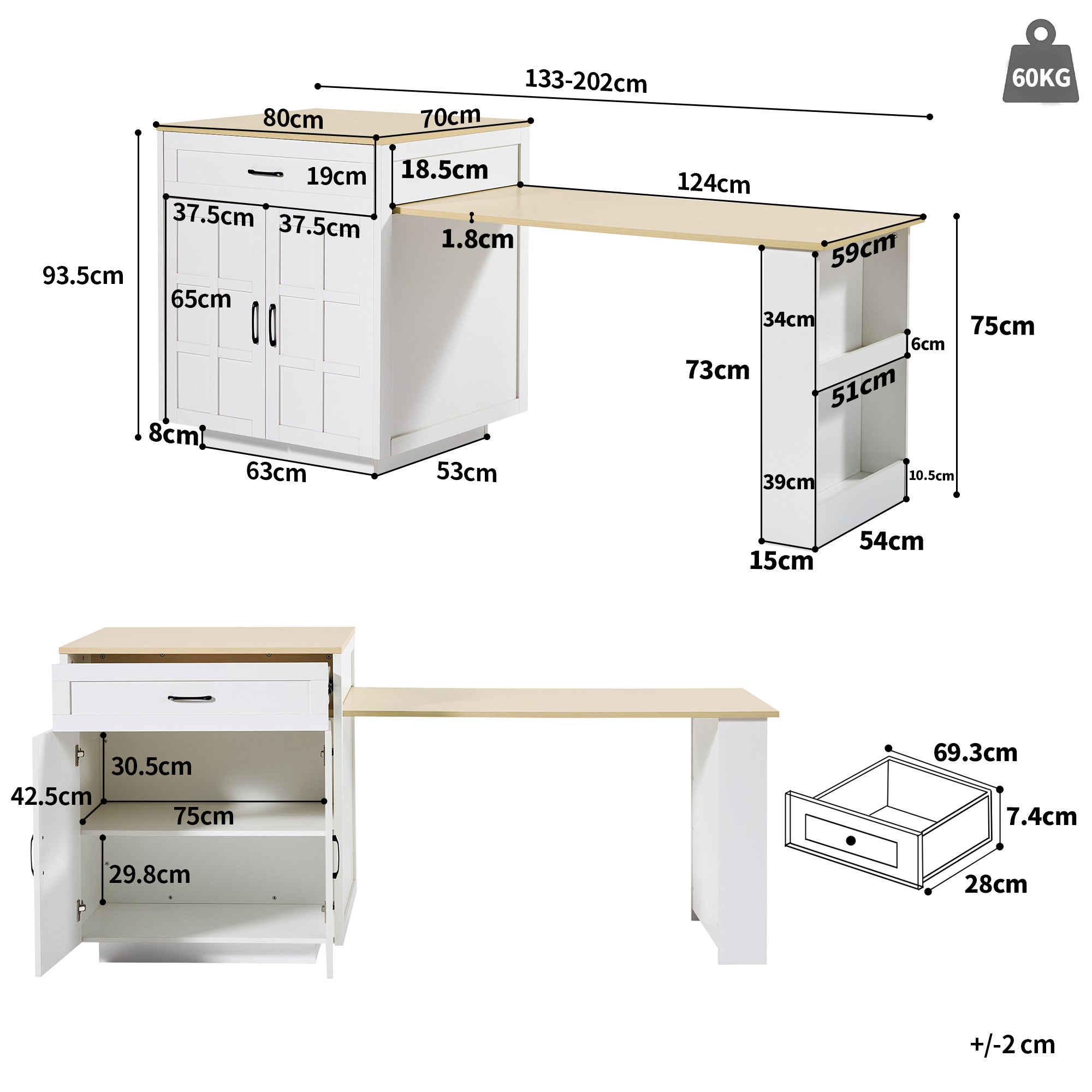 Ilot central de cuisine, table à manger 4 à 6 couverts - 2 tiroirs, 2 portes et étagères - 133/202 x 70 x 93.5 cm - MDF - Blanc - 10