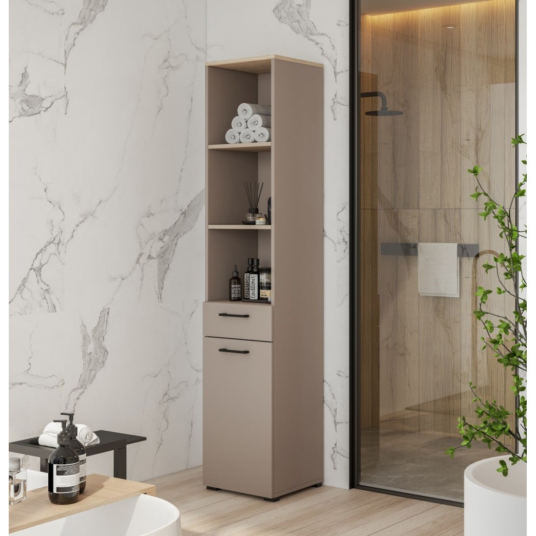 Conjunto de muebles de almacenamiento para lavadora y secadora colección WASHING - Taupe y roble - 7