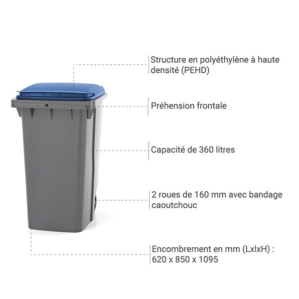 Contenitore per rifiuti da 360 litri con maniglia frontale - coperchio verde cachi - 620 x 850 x 1095 mm - 210006GAGA/VK - 3