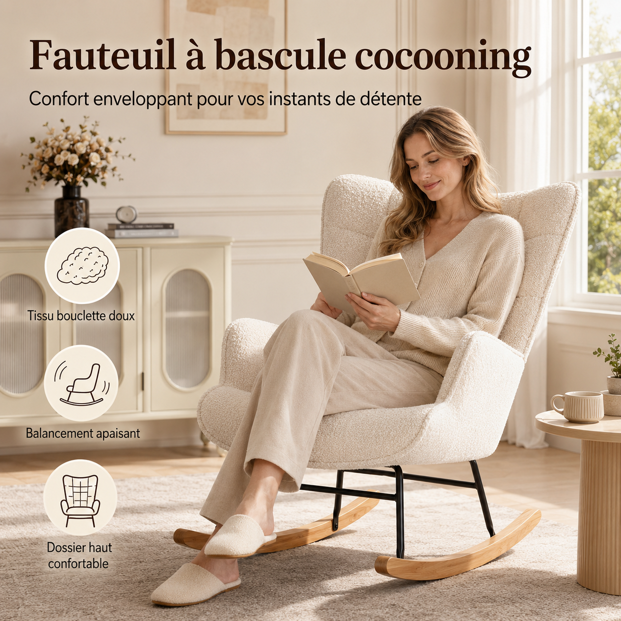Fauteuil à Bascule, Rocking Chair, Revêtement Bouclette, Fauteuil Allaitement, Beige | Chaise à Bascule, Structure en Acier, Pieds en Bois Massif - 7
